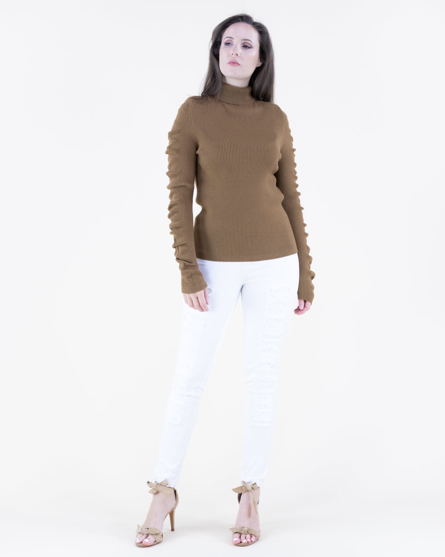 Wavy Sleeves Ribbed Turtle Neck Sweater