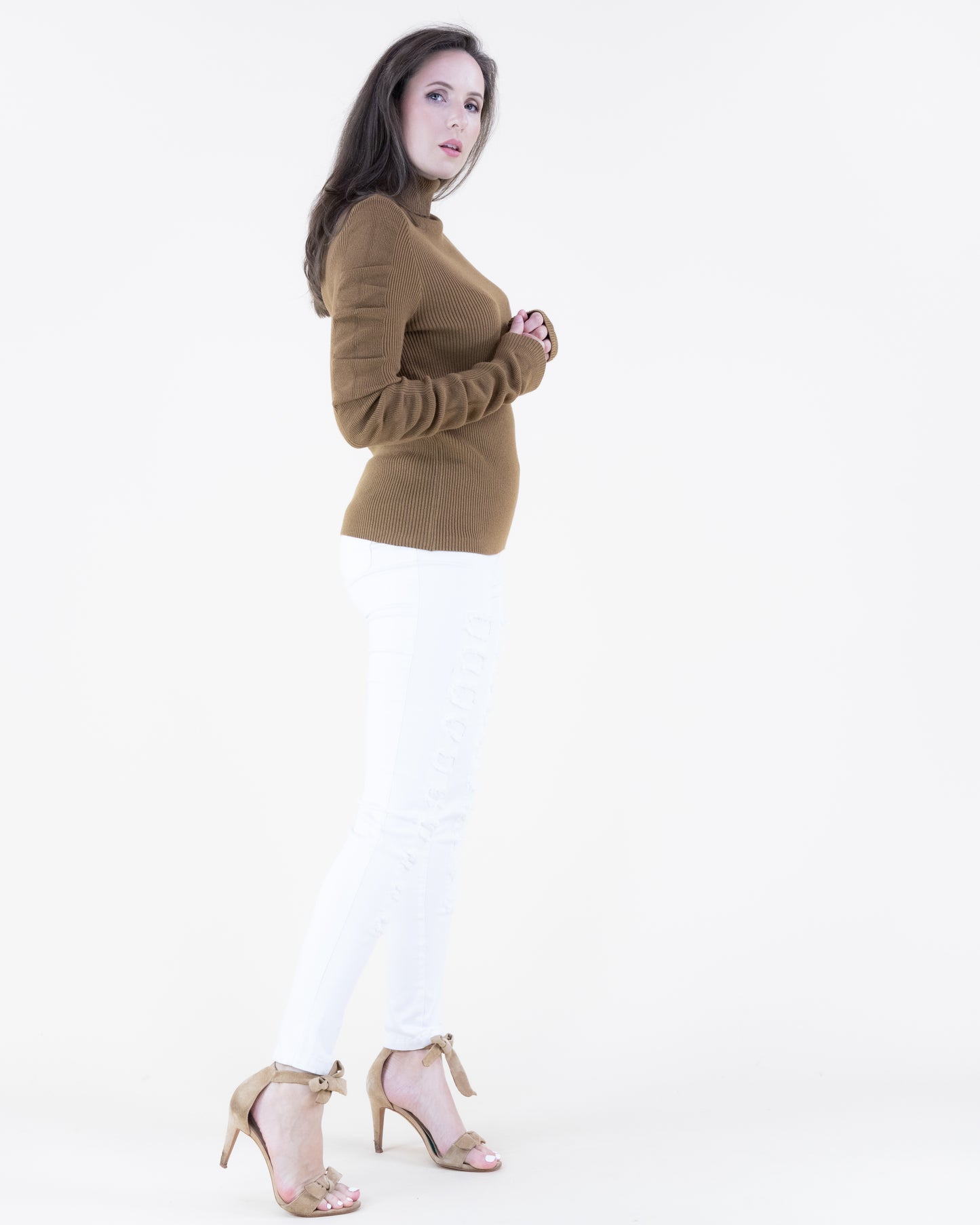 Wavy Sleeves Ribbed Turtle Neck Sweater