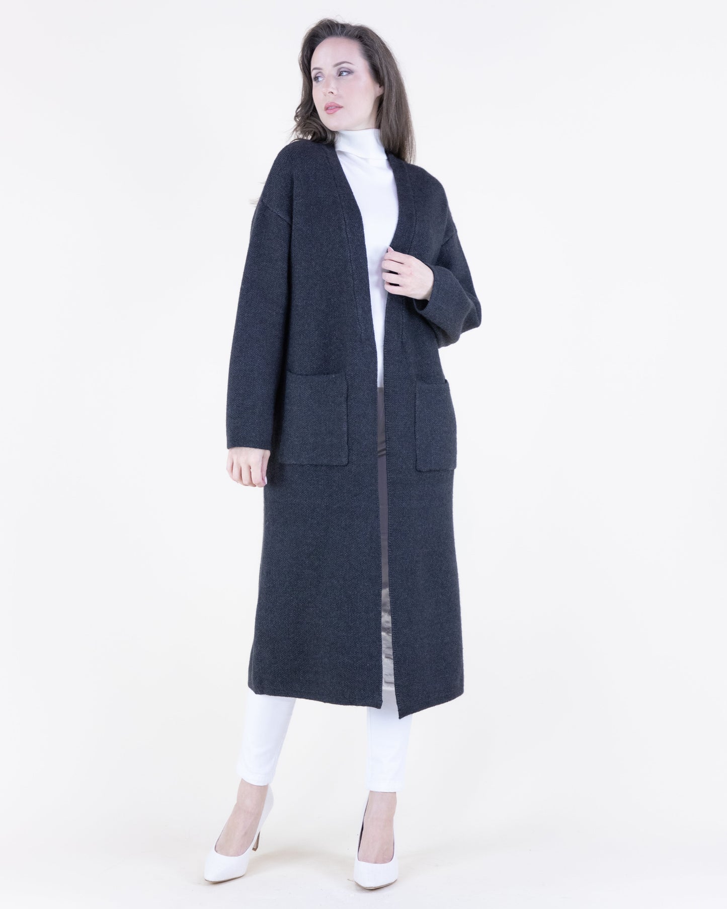 Flat Collar Front Pockets Open Duster Cardigan
