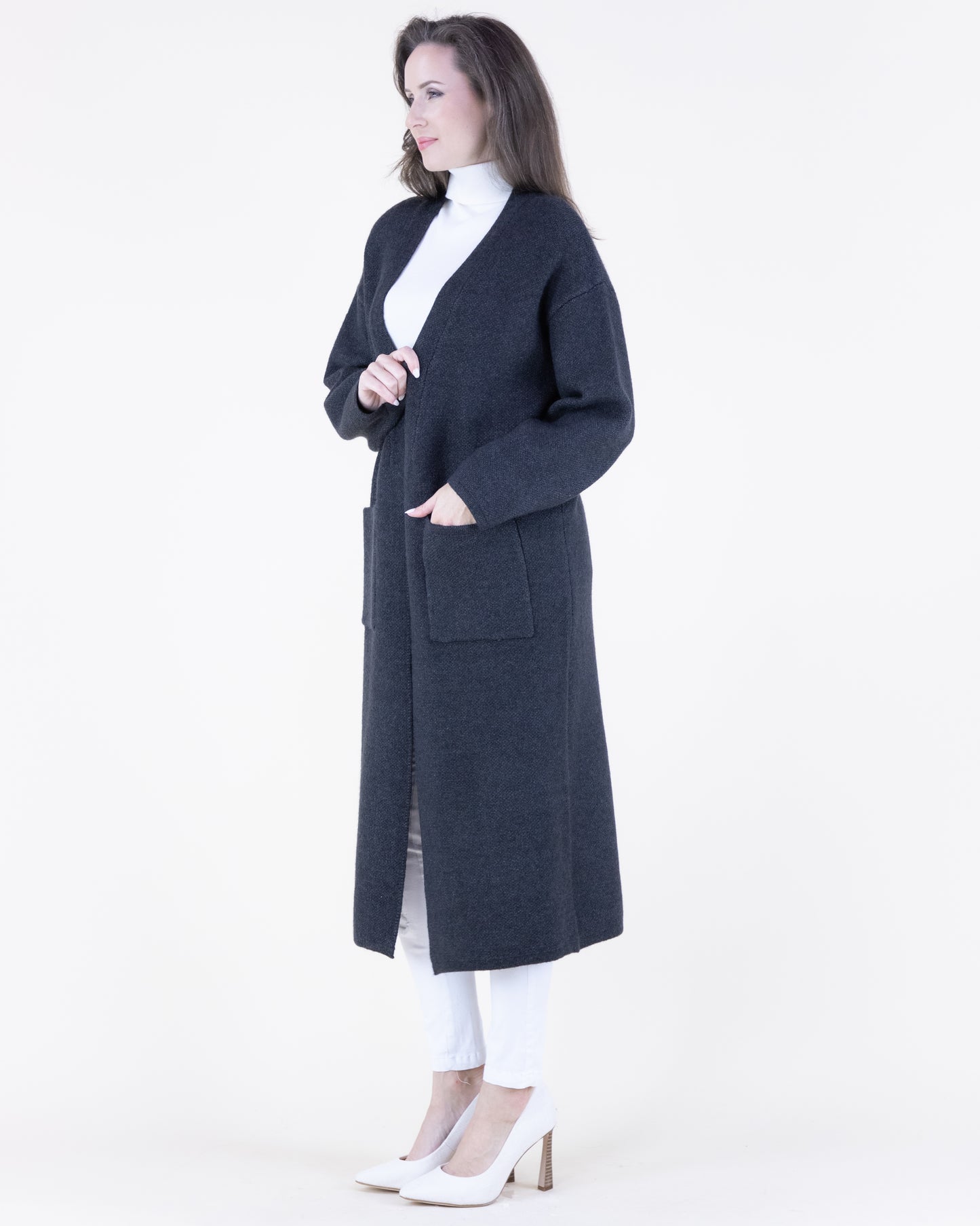 Flat Collar Front Pockets Open Duster Cardigan