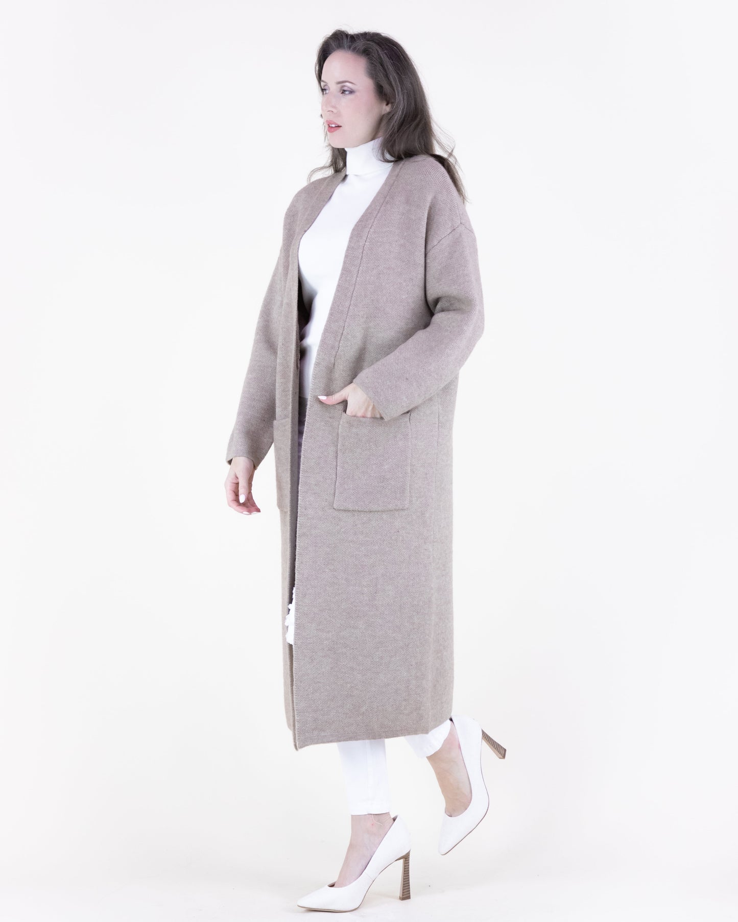 Flat Collar Front Pockets Open Duster Cardigan