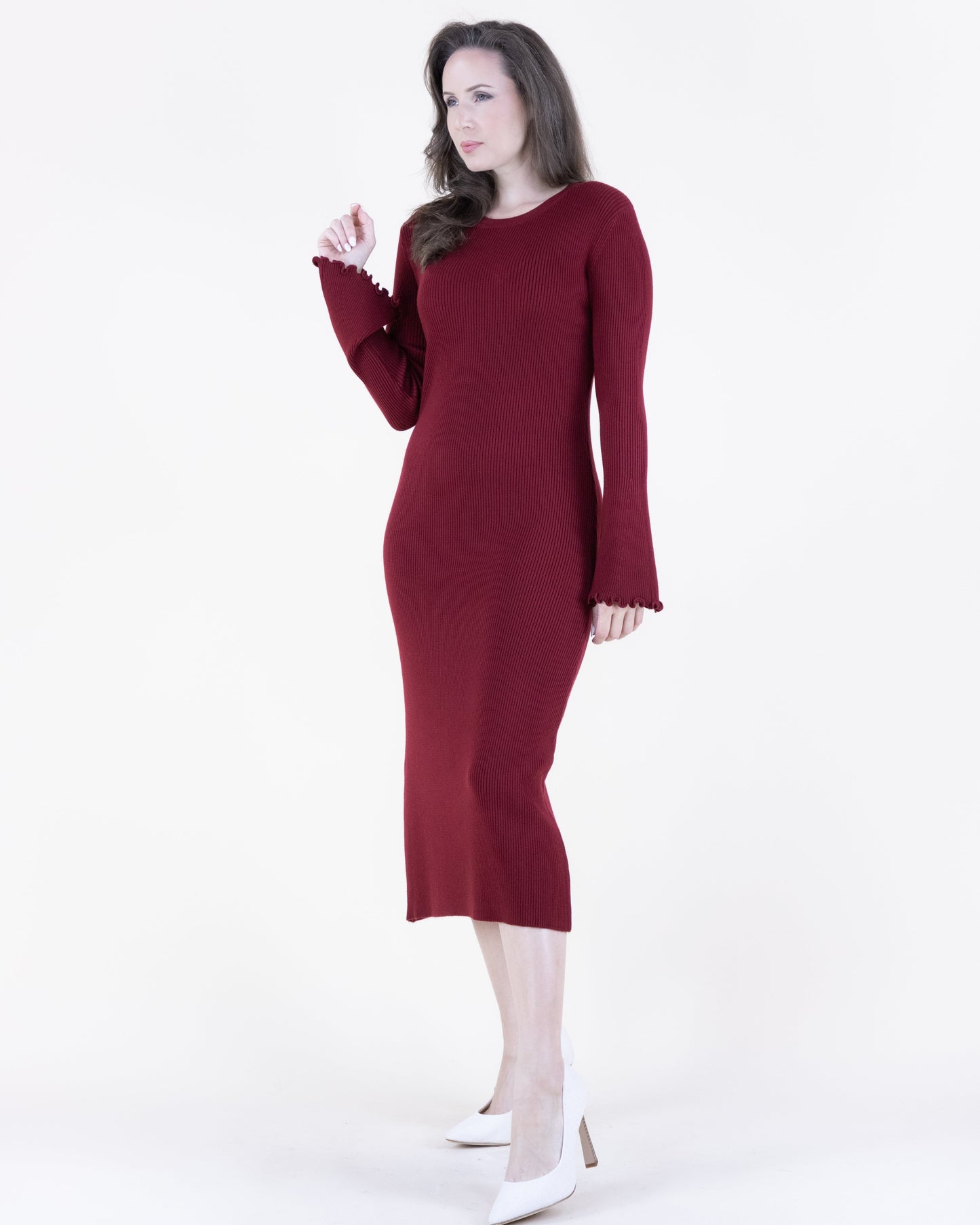 Wavy Hem Flare Sleeve Ribbed Sweater Dress