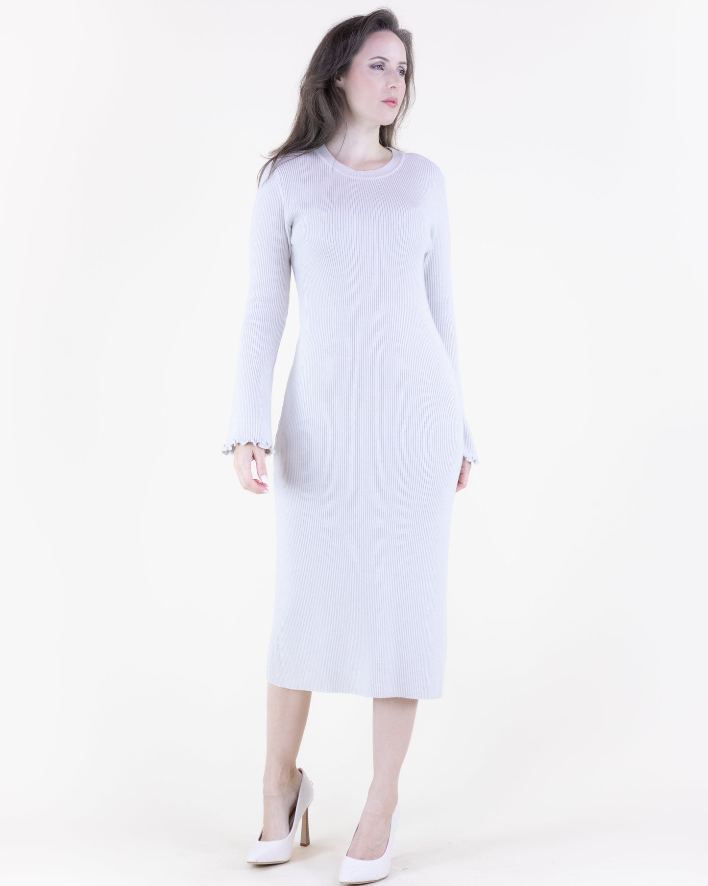Wavy Hem Flare Sleeve Ribbed Sweater Dress