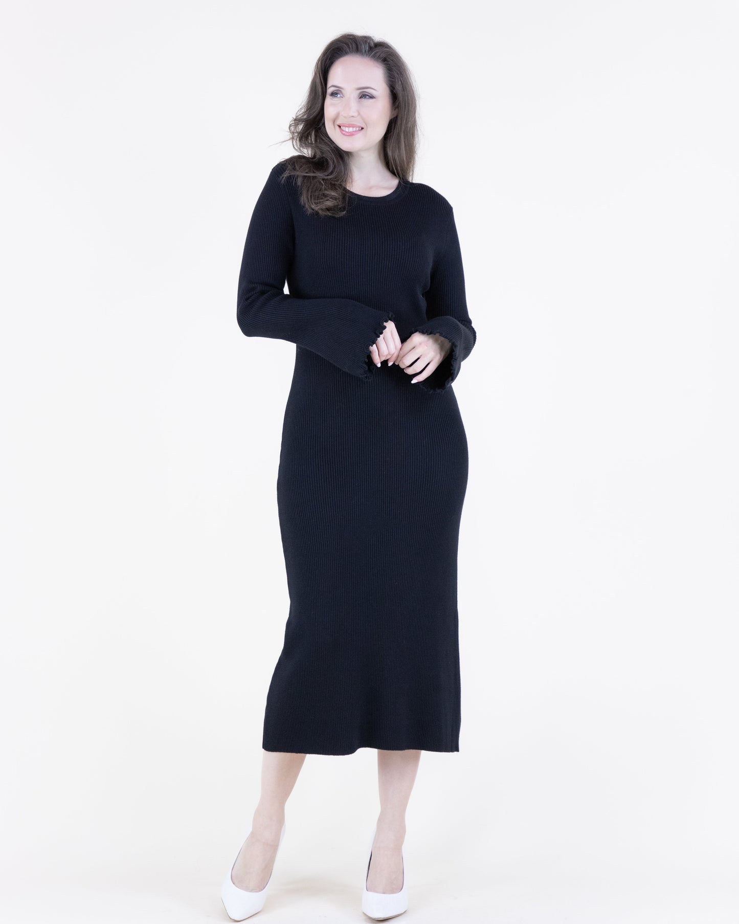 Wavy Hem Flare Sleeve Ribbed Sweater Dress