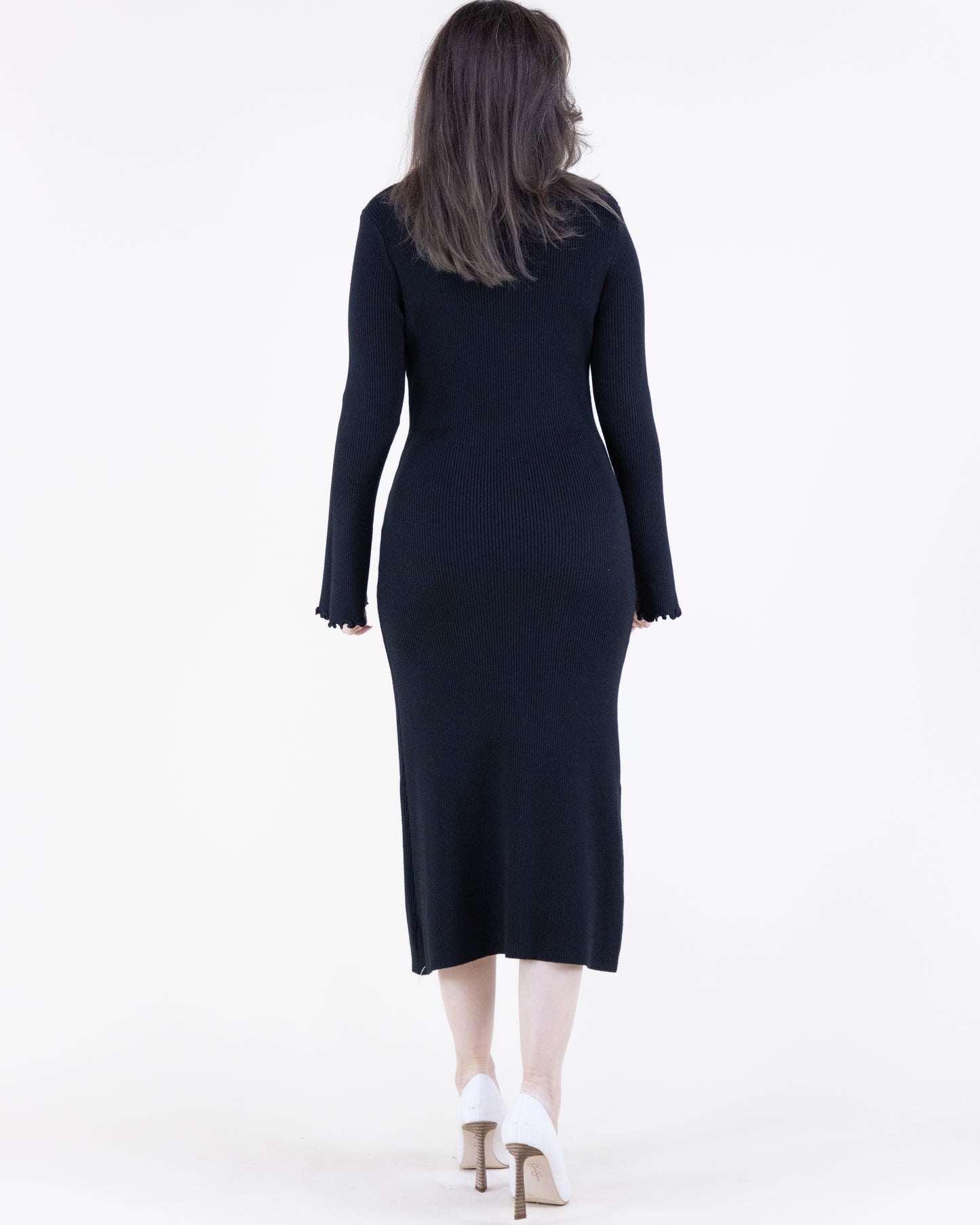 Wavy Hem Flare Sleeve Ribbed Sweater Dress