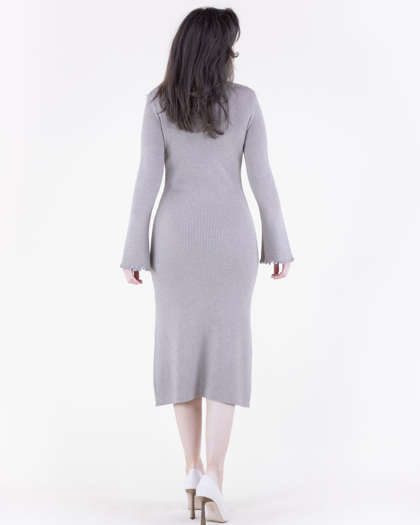 Wavy Hem Flare Sleeve Ribbed Sweater Dress