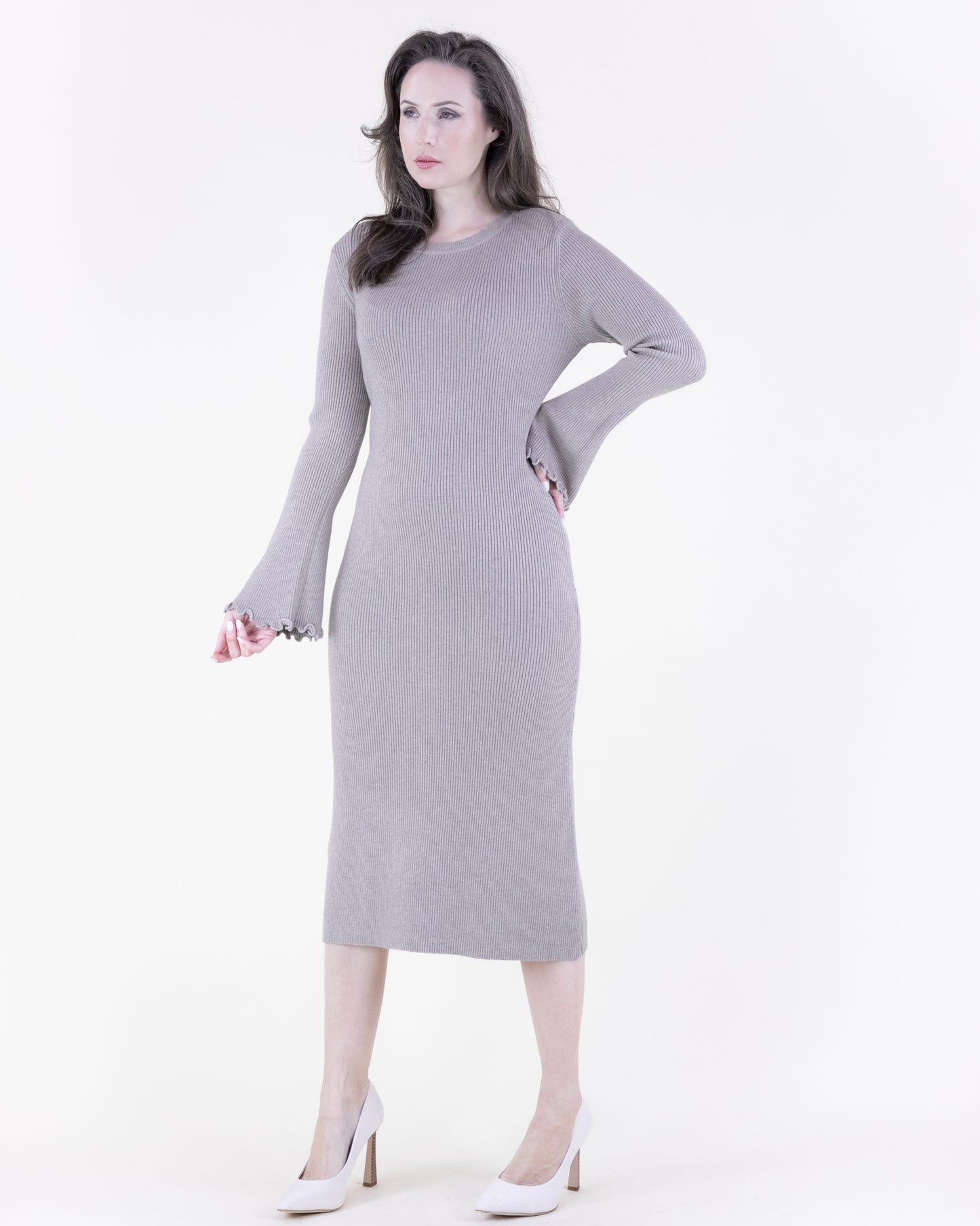 Wavy Hem Flare Sleeve Ribbed Sweater Dress