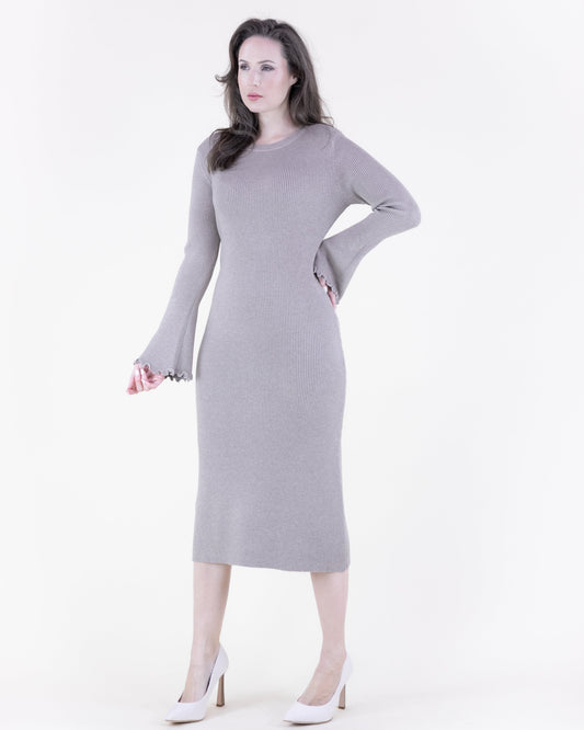 Wavy Hem Flare Sleeve Ribbed Sweater Dress