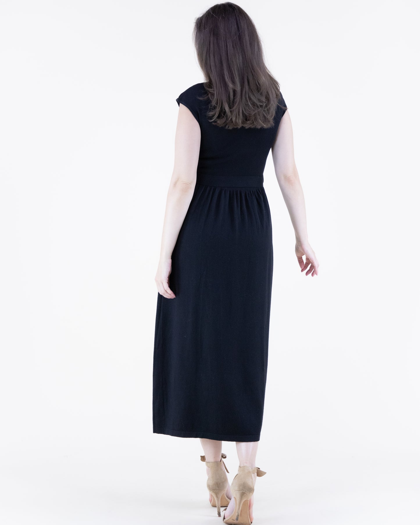 Cap Sleeve Belted Midi Sweater Dress