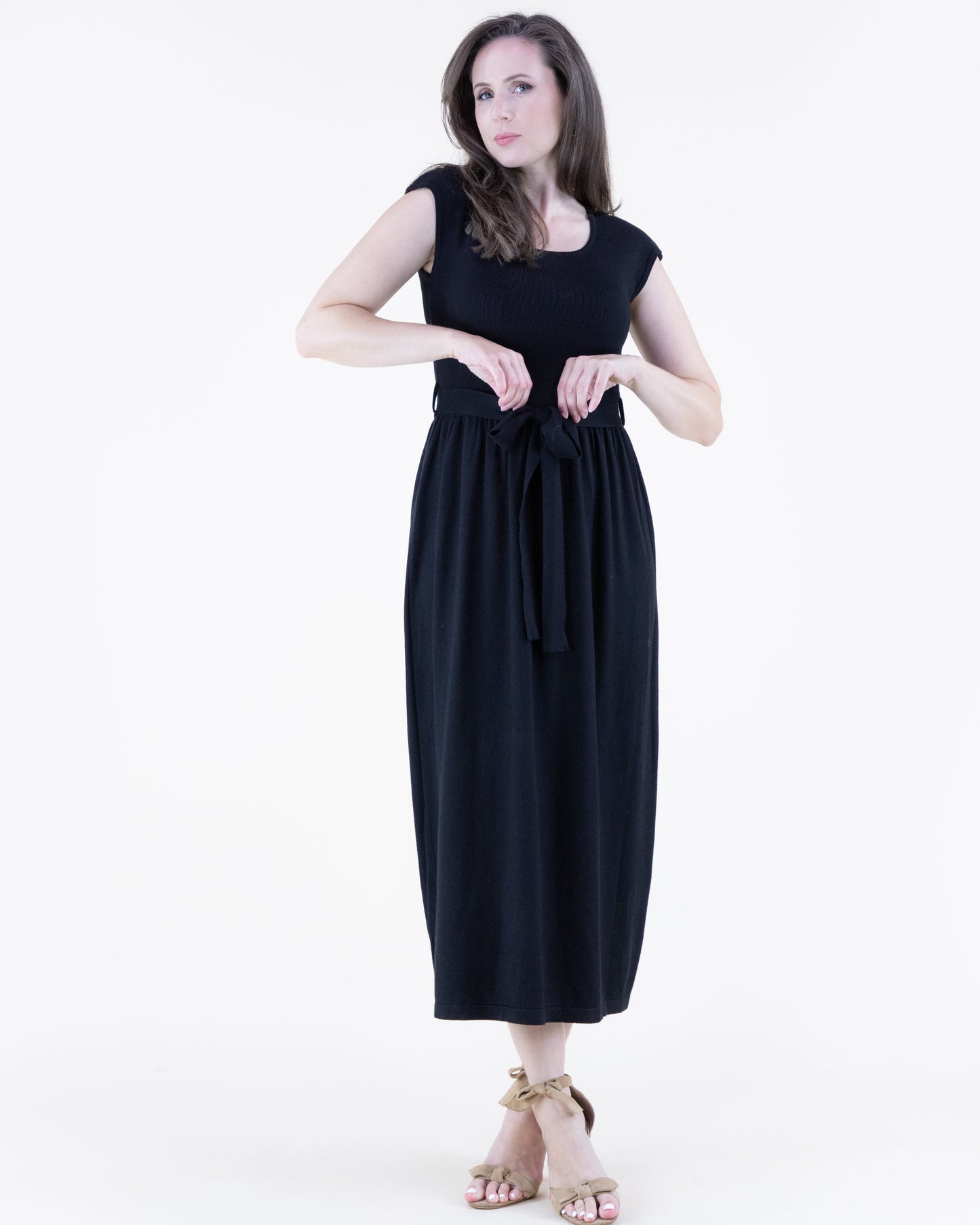 Cap Sleeve Belted Midi Sweater Dress