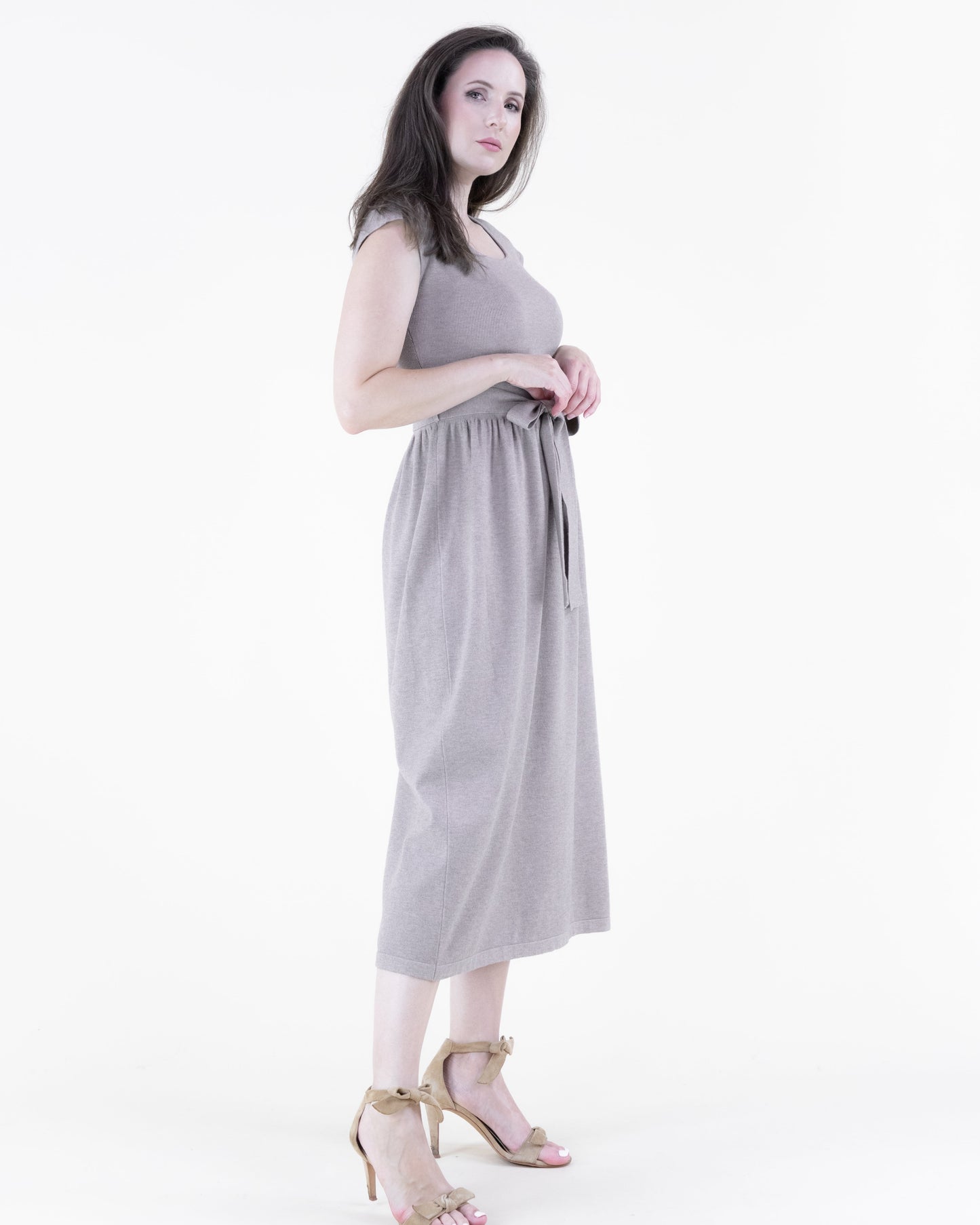 Cap Sleeve Belted Midi Sweater Dress