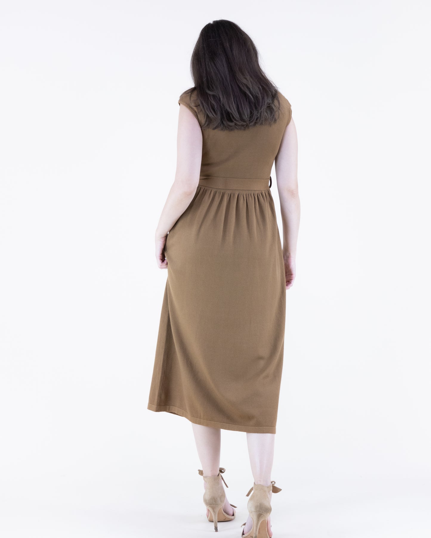 Cap Sleeve Belted Midi Sweater Dress