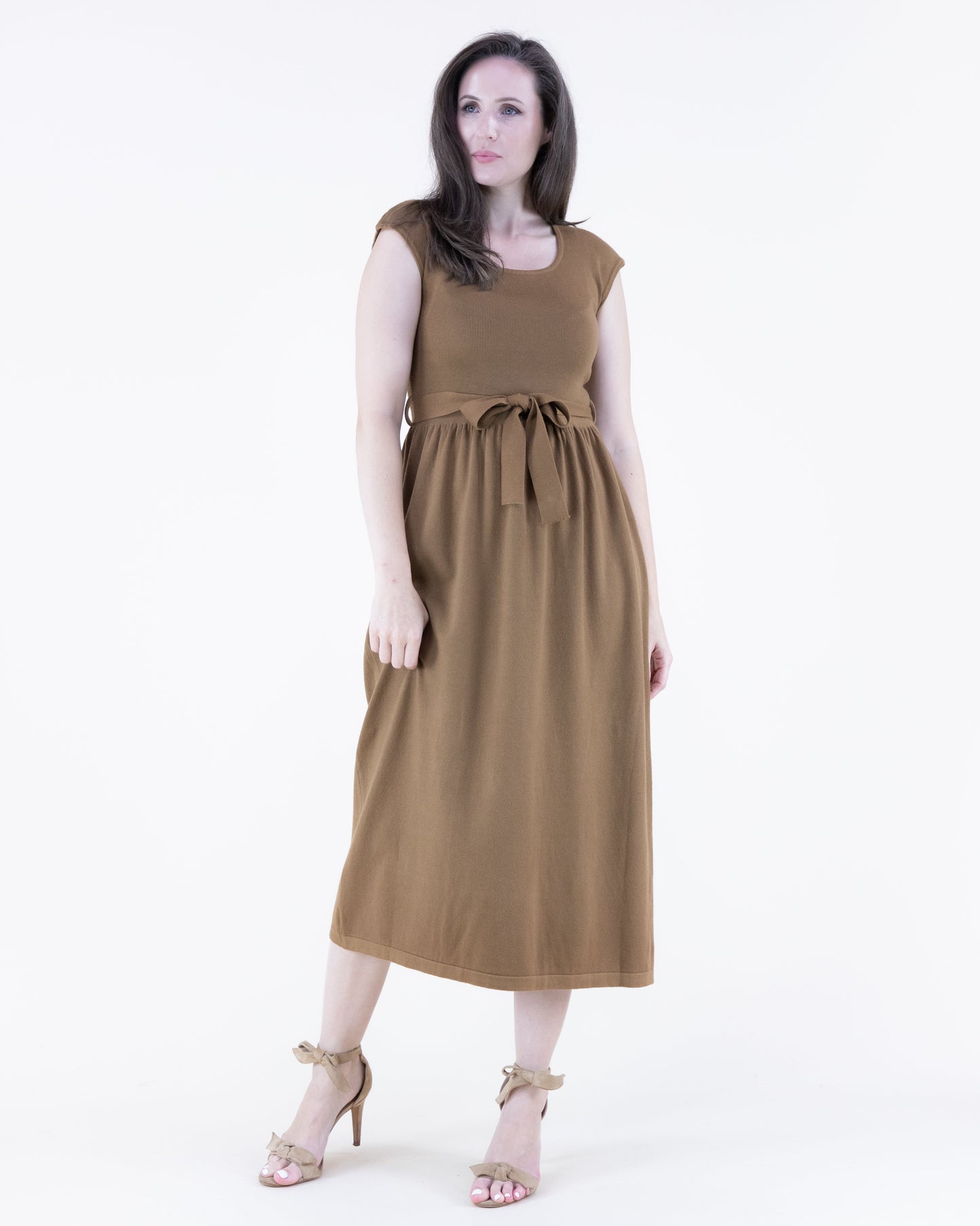 Cap Sleeve Belted Midi Sweater Dress