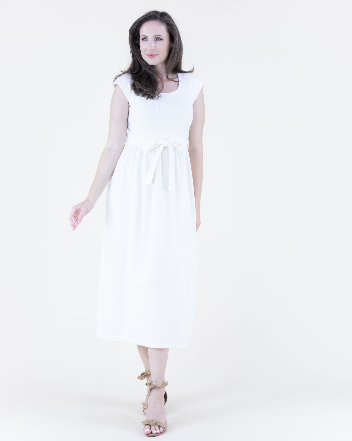 Cap Sleeve Belted Midi Sweater Dress