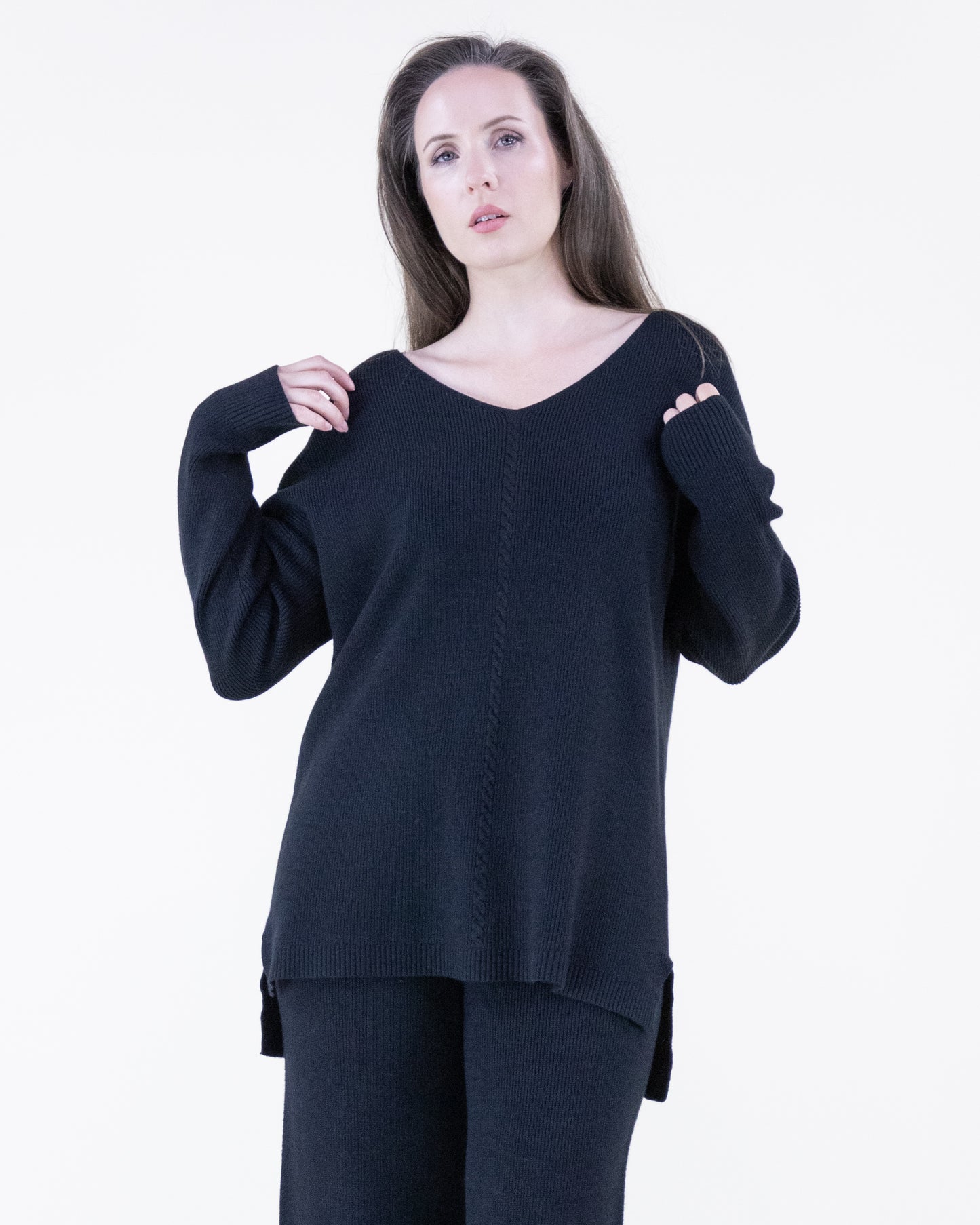 Earth Tone V-Neck Ribbed Hi-Low Sweater