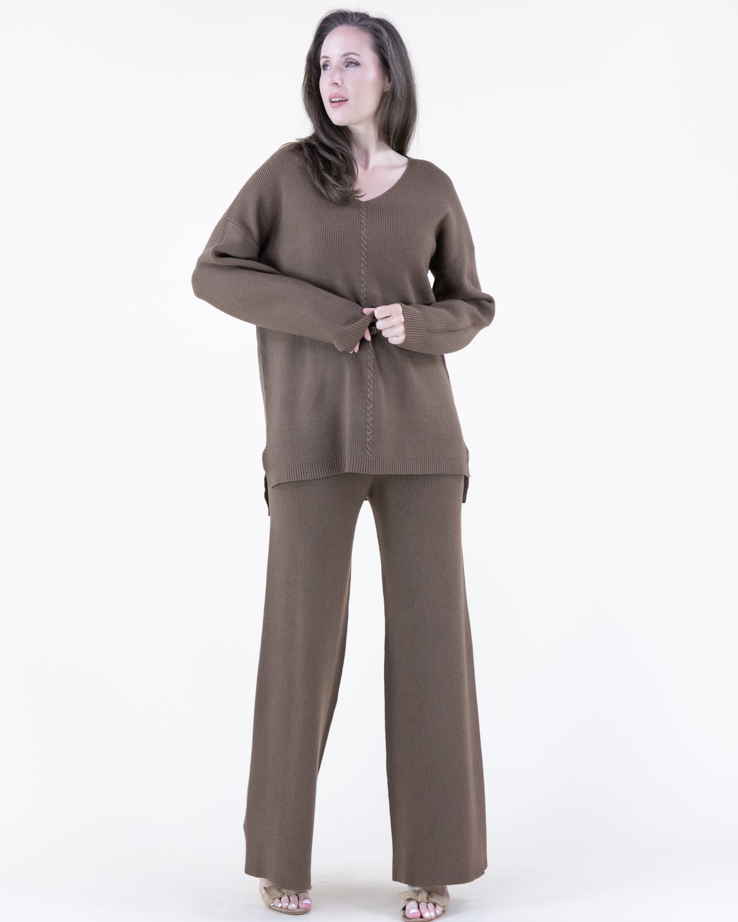 Earth Tone V-Neck Ribbed Hi-Low Sweater