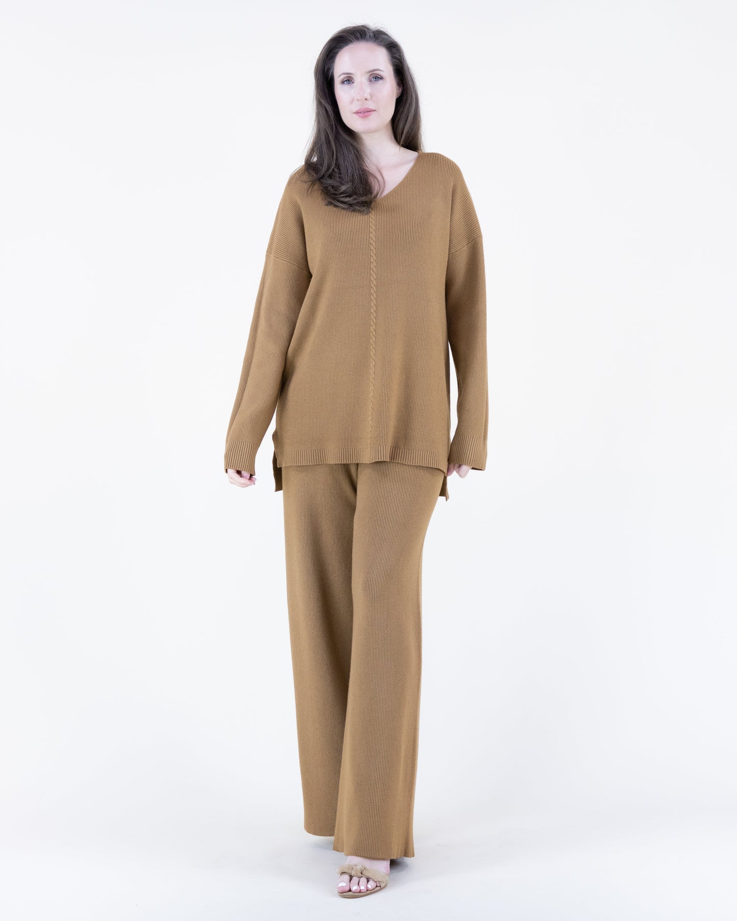 Earth Tone V-Neck Ribbed Hi-Low Sweater