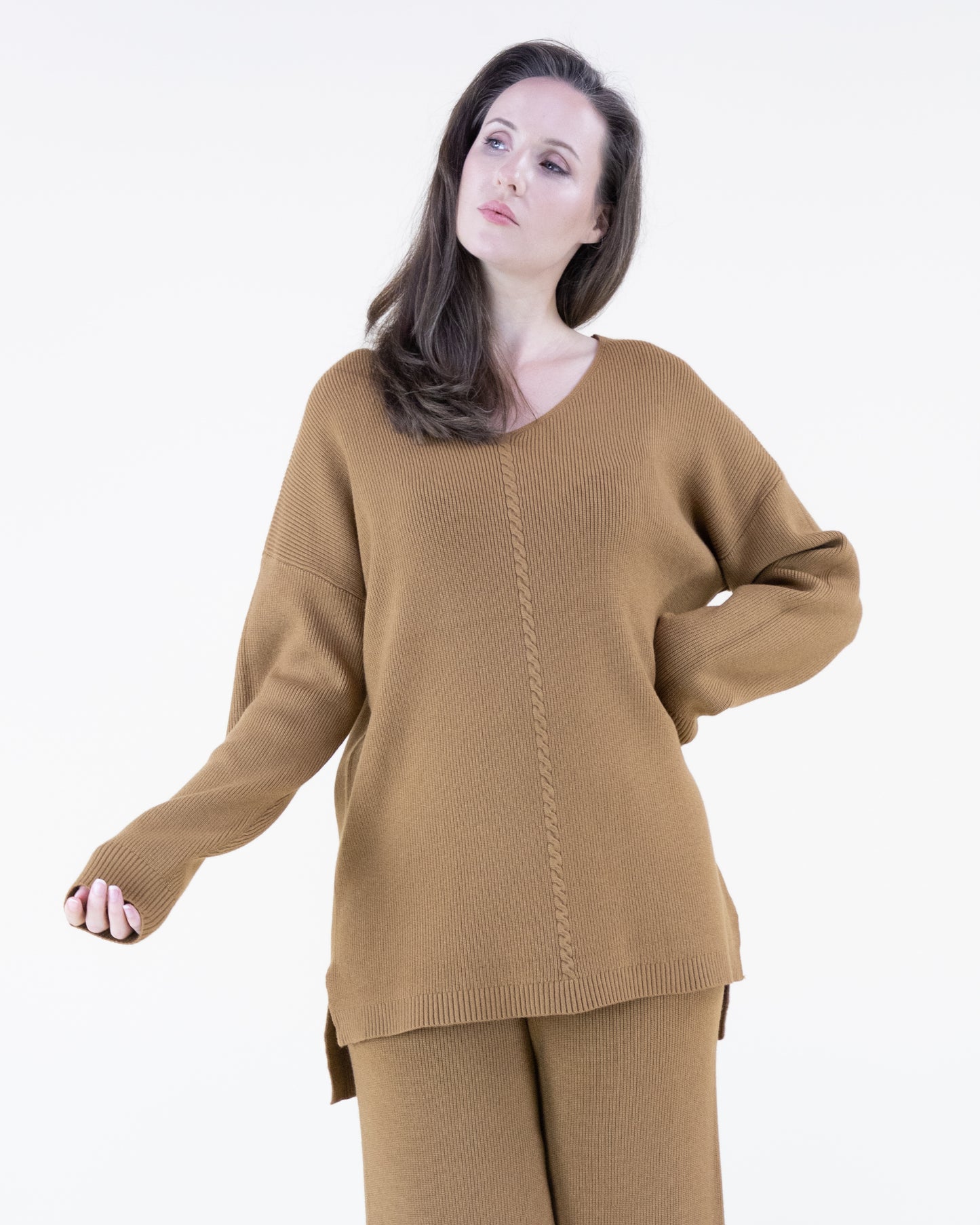 Earth Tone V-Neck Ribbed Hi-Low Sweater