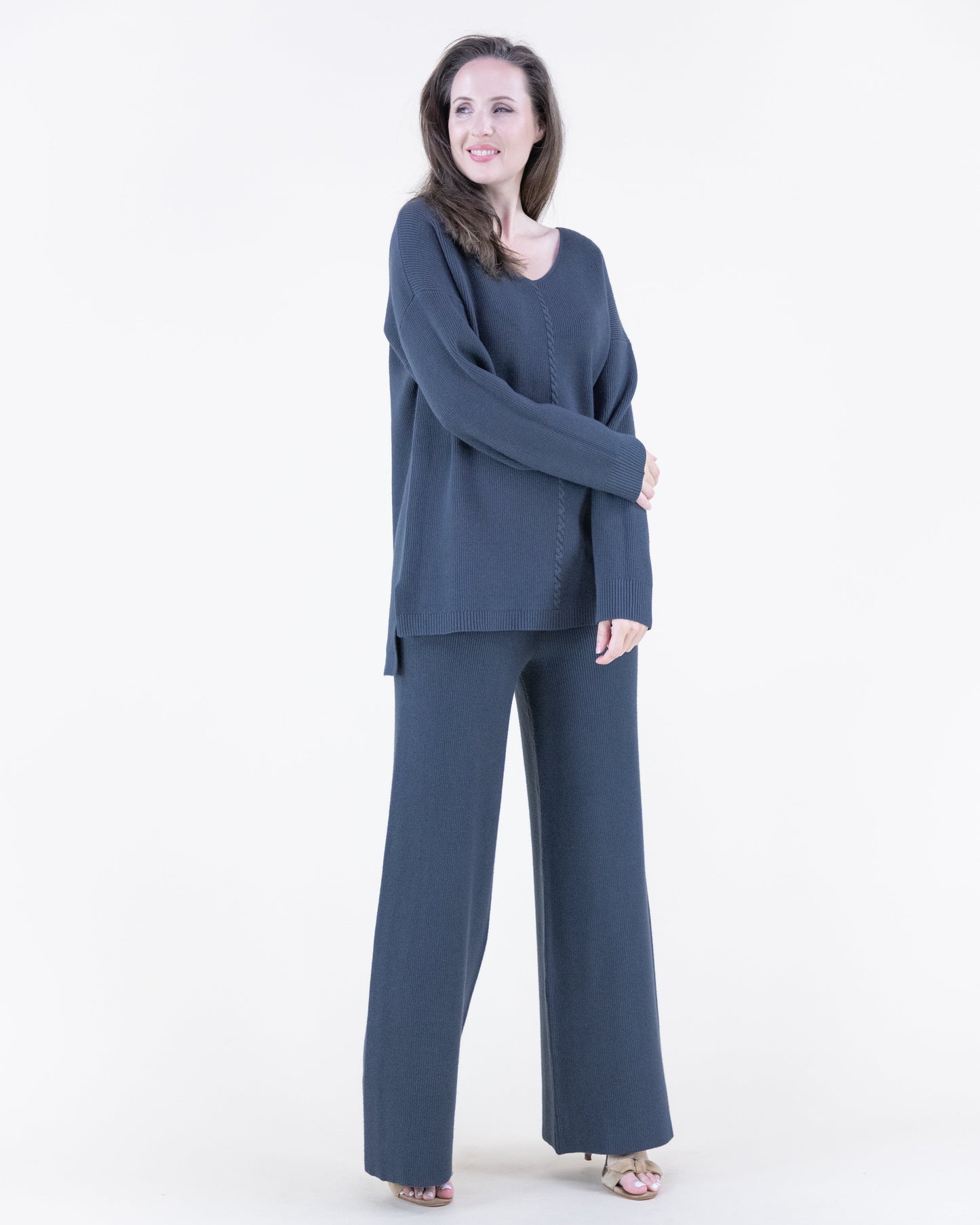 Earth Tone V-Neck Ribbed Hi-Low Sweater