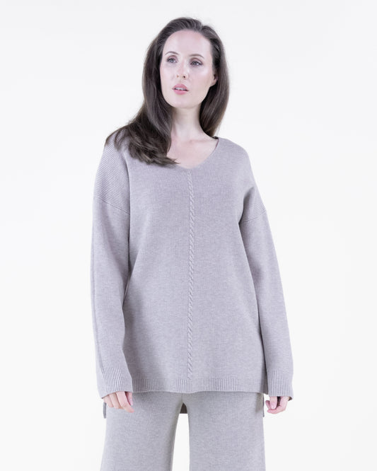 Earth Tone V-Neck Ribbed Hi-Low Sweater