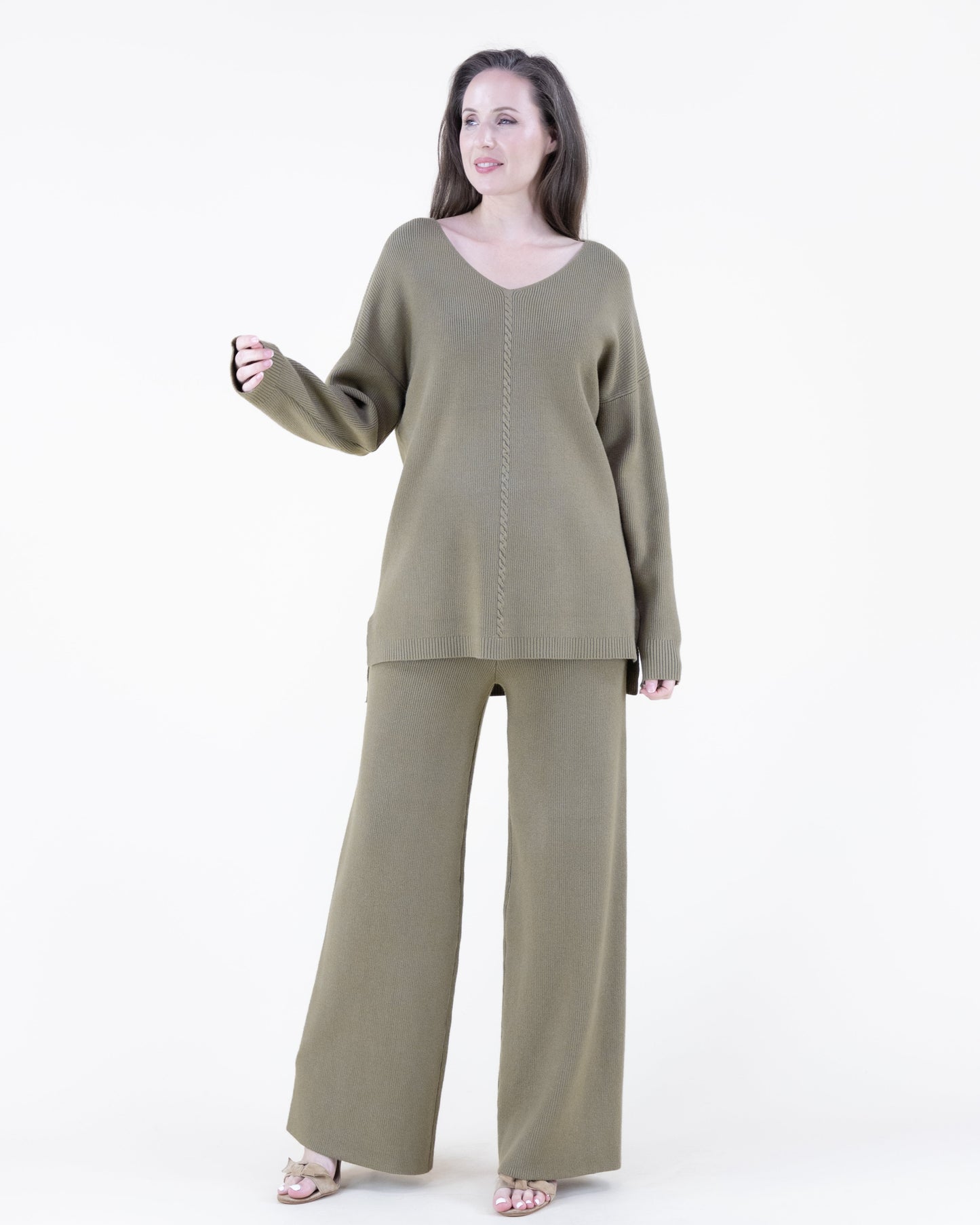 Earth Tone V-Neck Ribbed Hi-Low Sweater