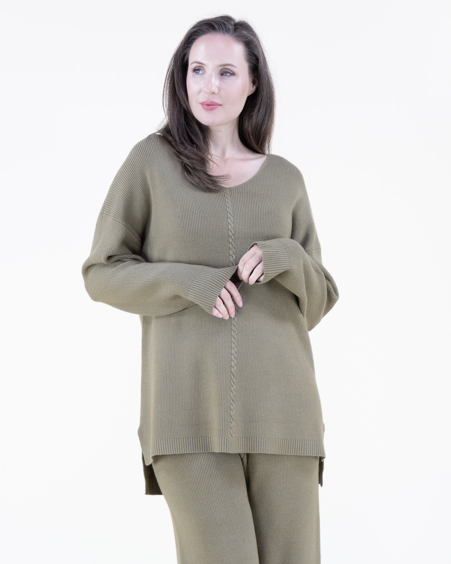 Earth Tone V-Neck Ribbed Hi-Low Sweater