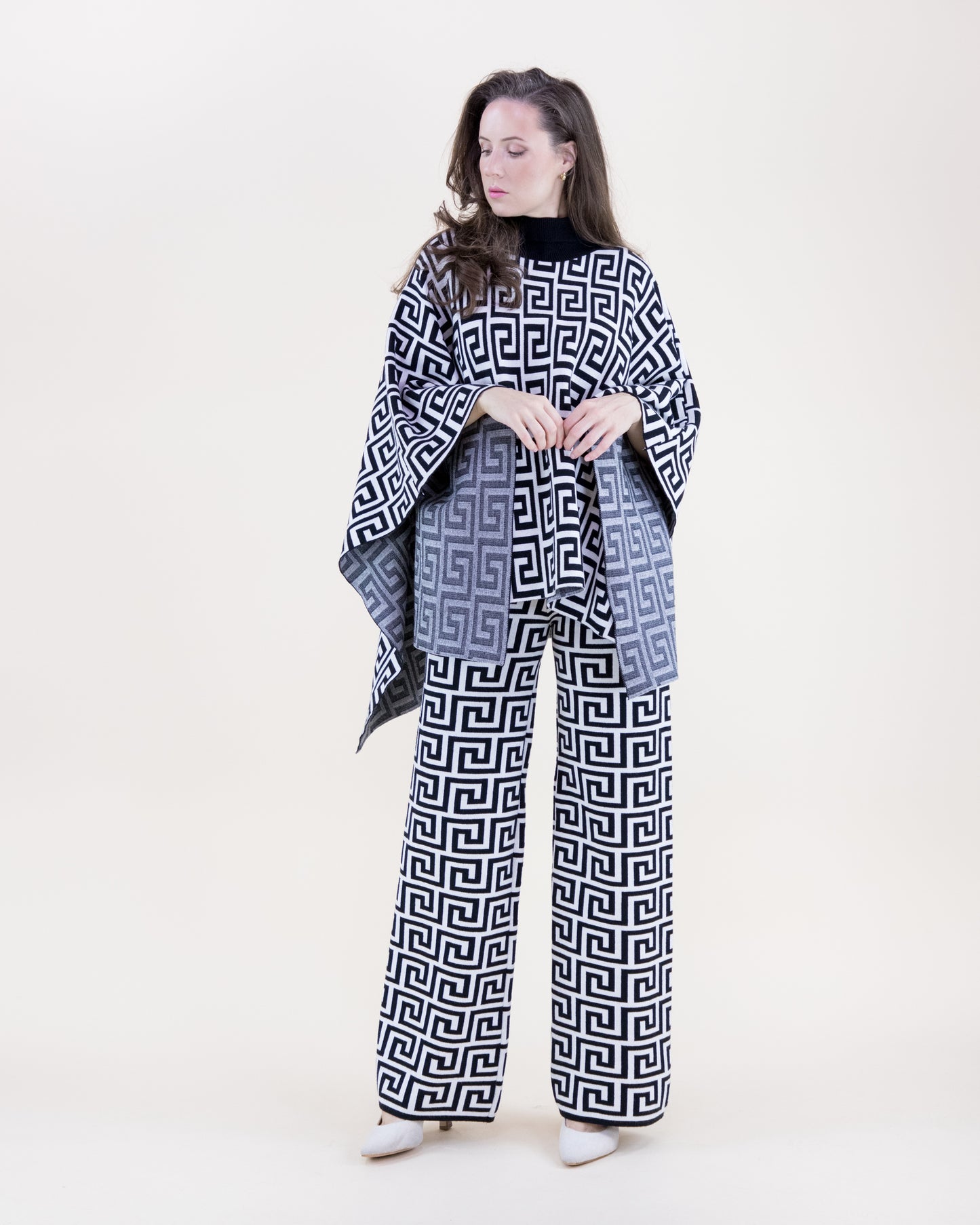 Greek Pattern Turtle Neck Poncho