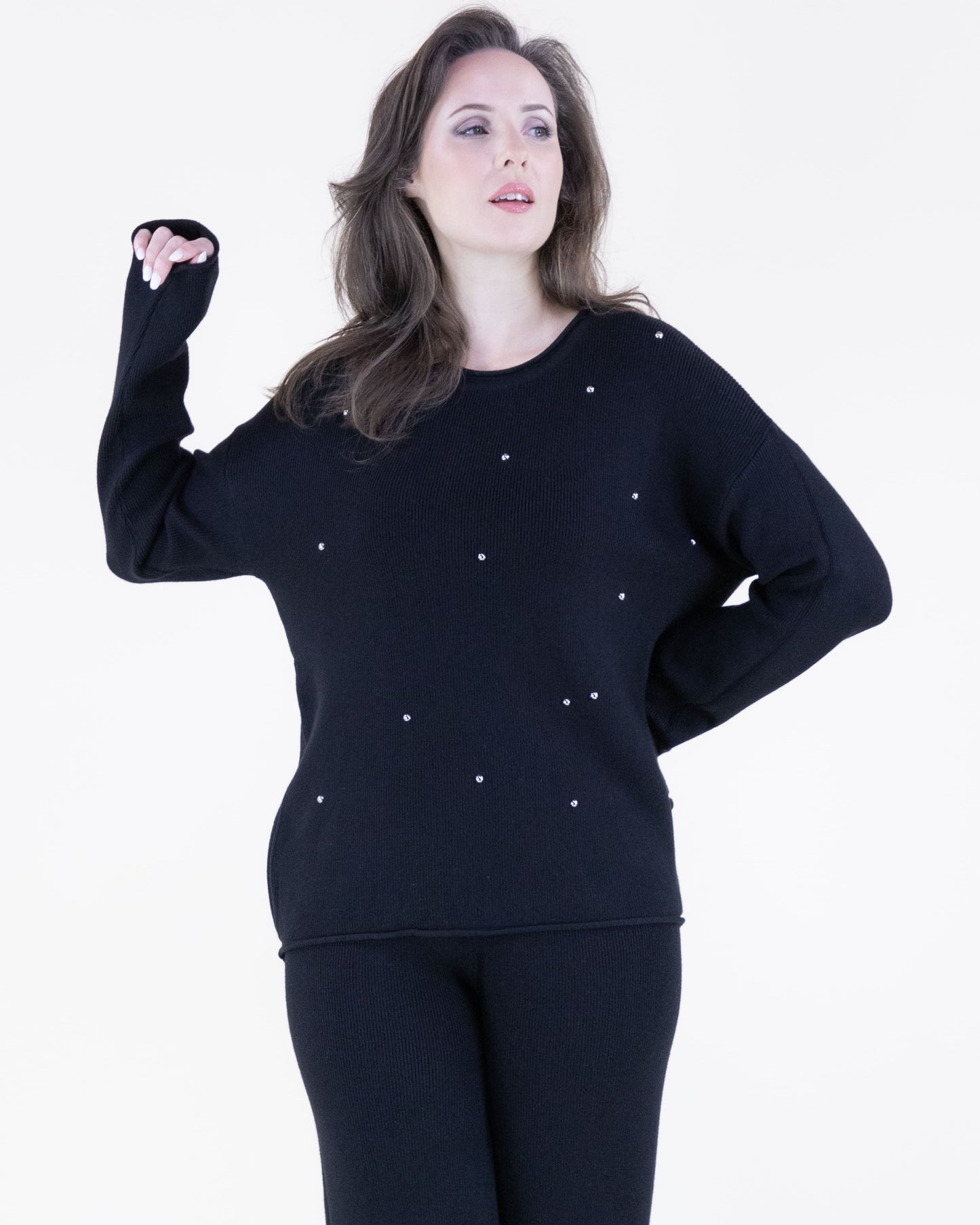 Crew Neck Embellished Rolled Hem Sweater