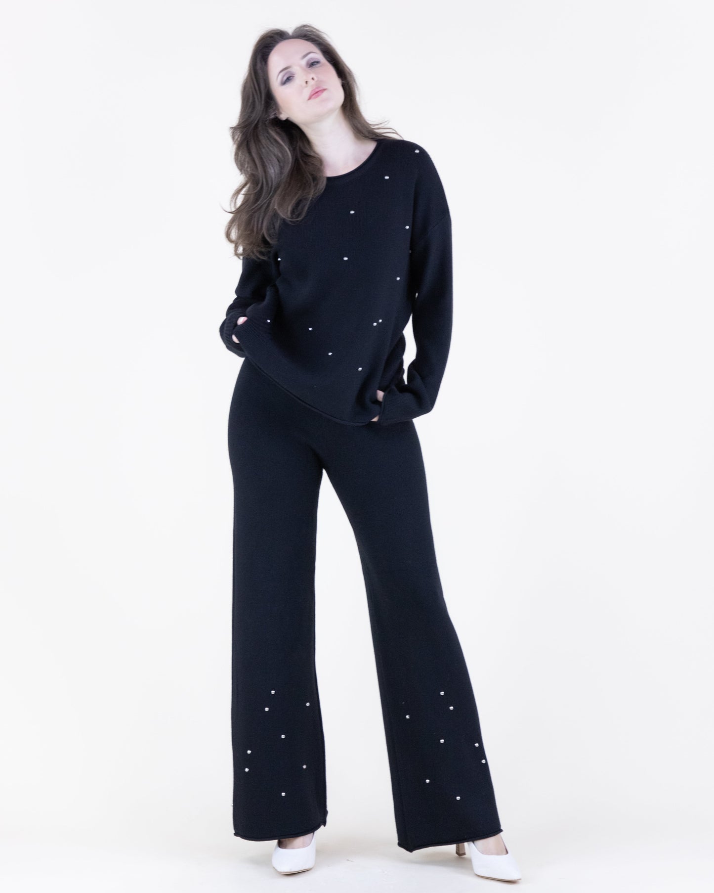 Crew Neck Embellished Rolled Hem Sweater