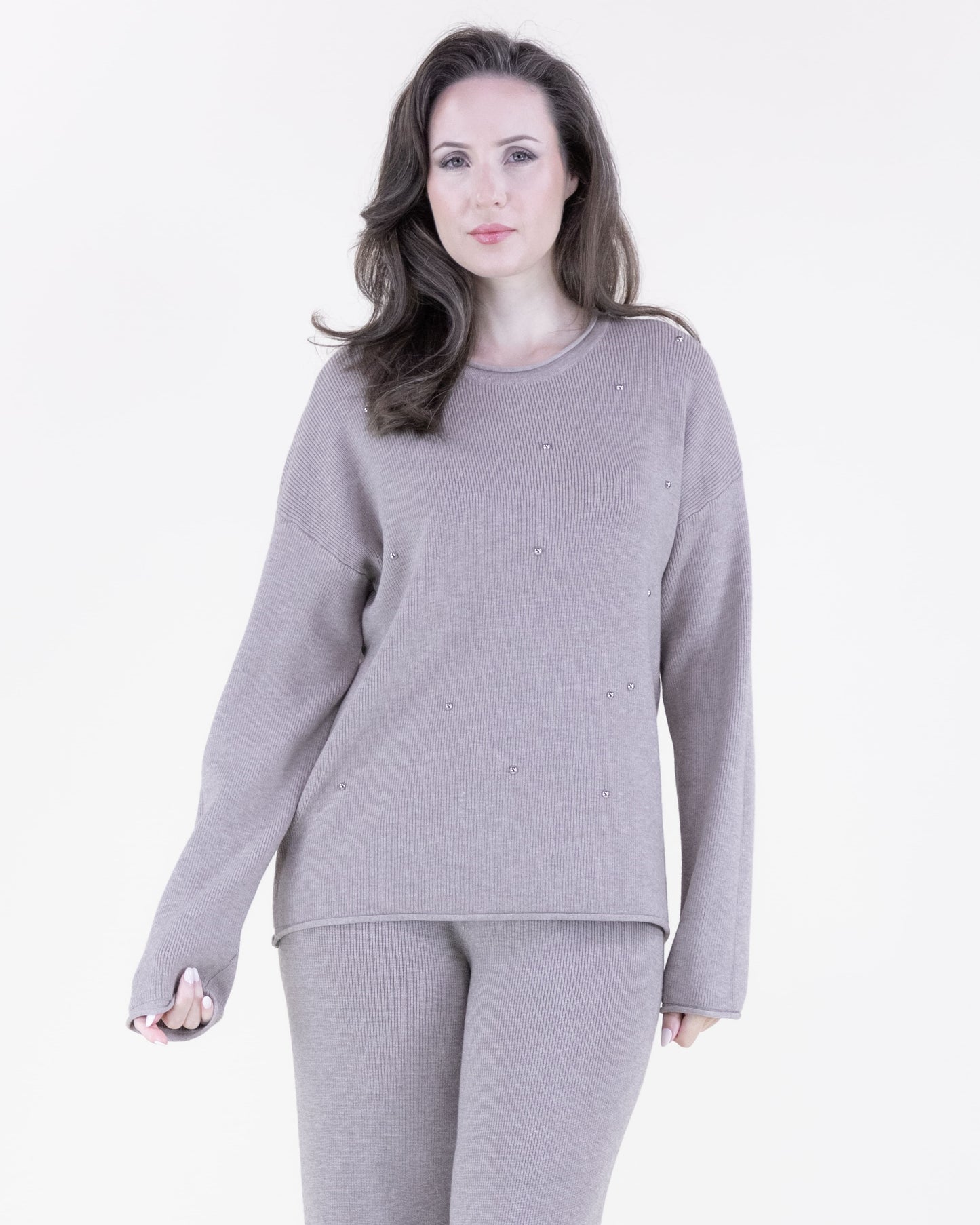 Crew Neck Embellished Rolled Hem Sweater