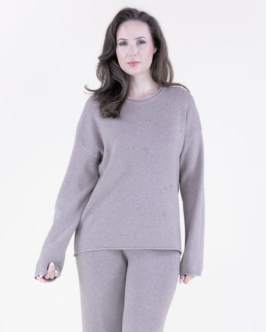 Crew Neck Embellished Rolled Hem Sweater