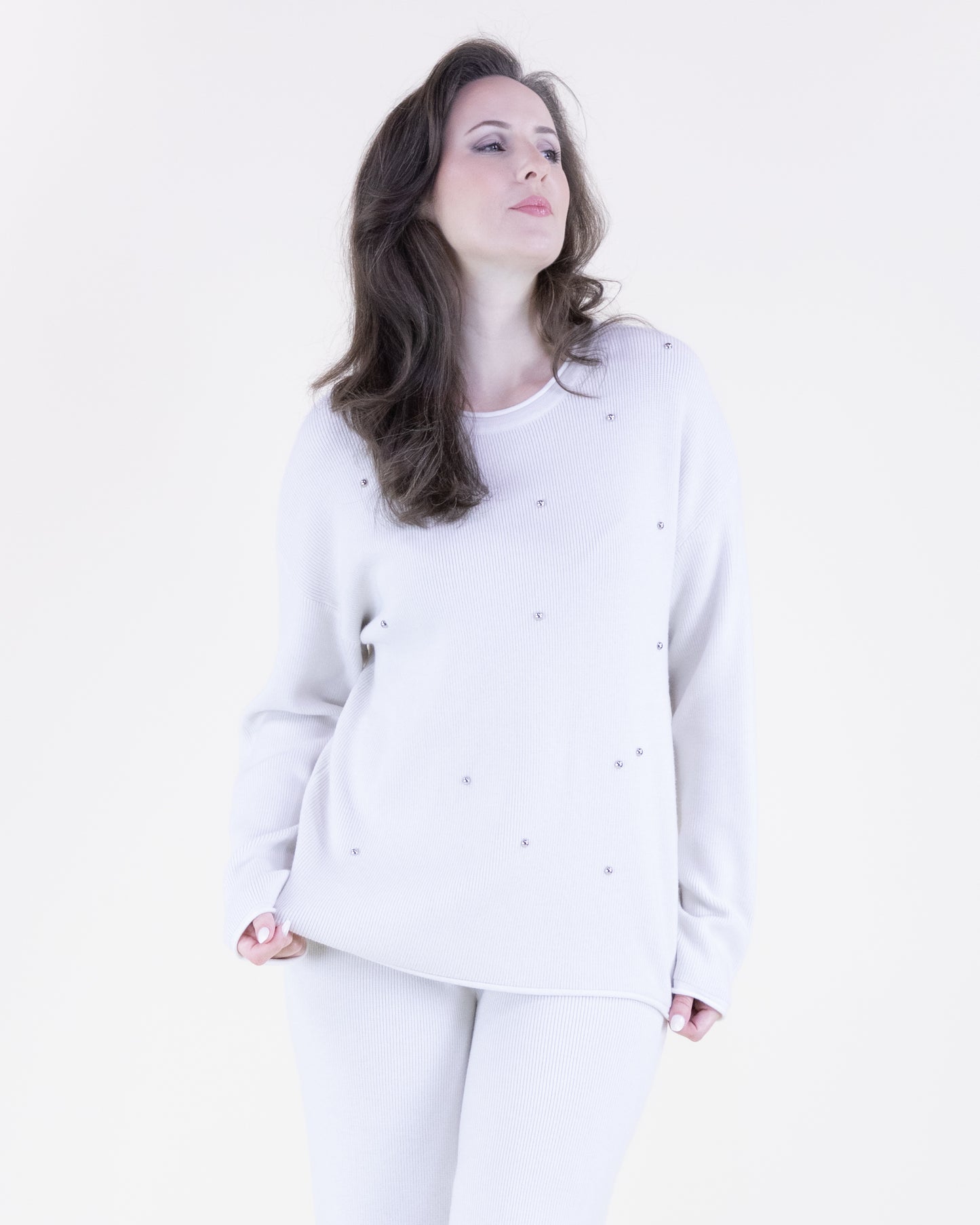 Crew Neck Embellished Rolled Hem Sweater