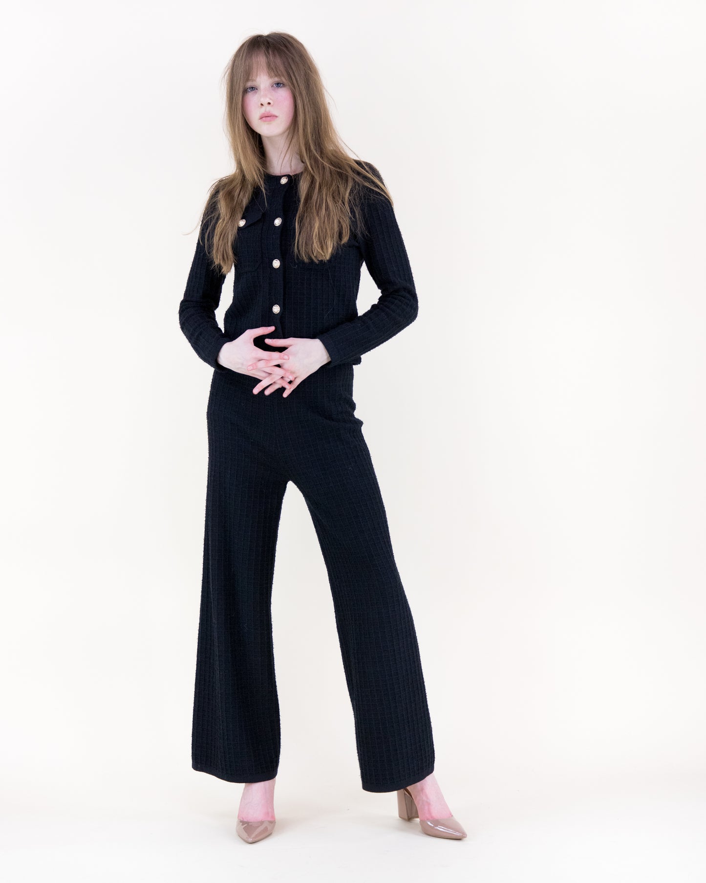 Tailored Waffle Stitch Gold Buttons Boxy Cardigan