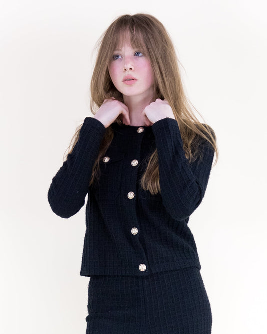 Tailored Waffle Stitch Gold Buttons Boxy Cardigan