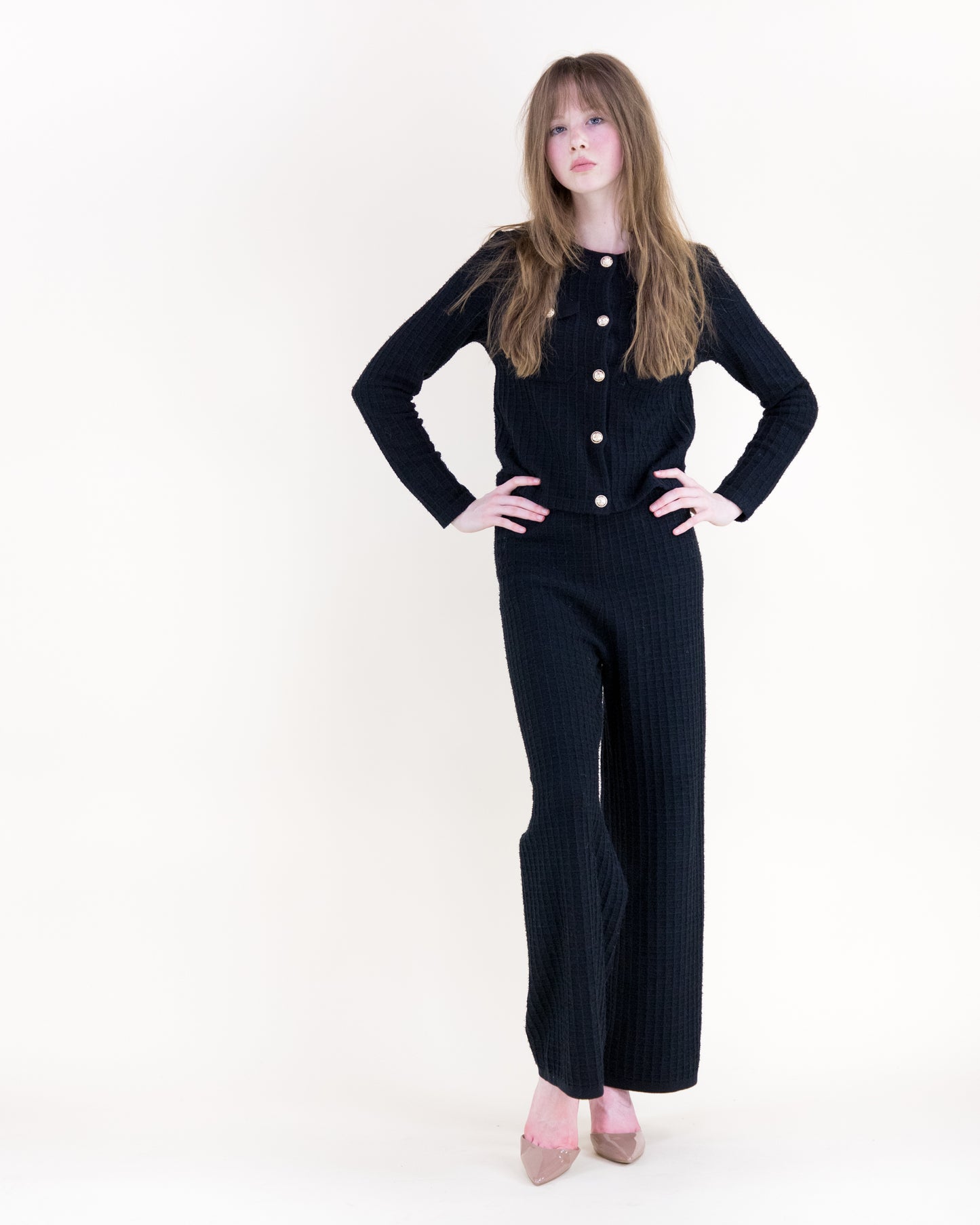 Tailored Waffle Stitch Wide Leg Knitted Pants - S/M. L/XL