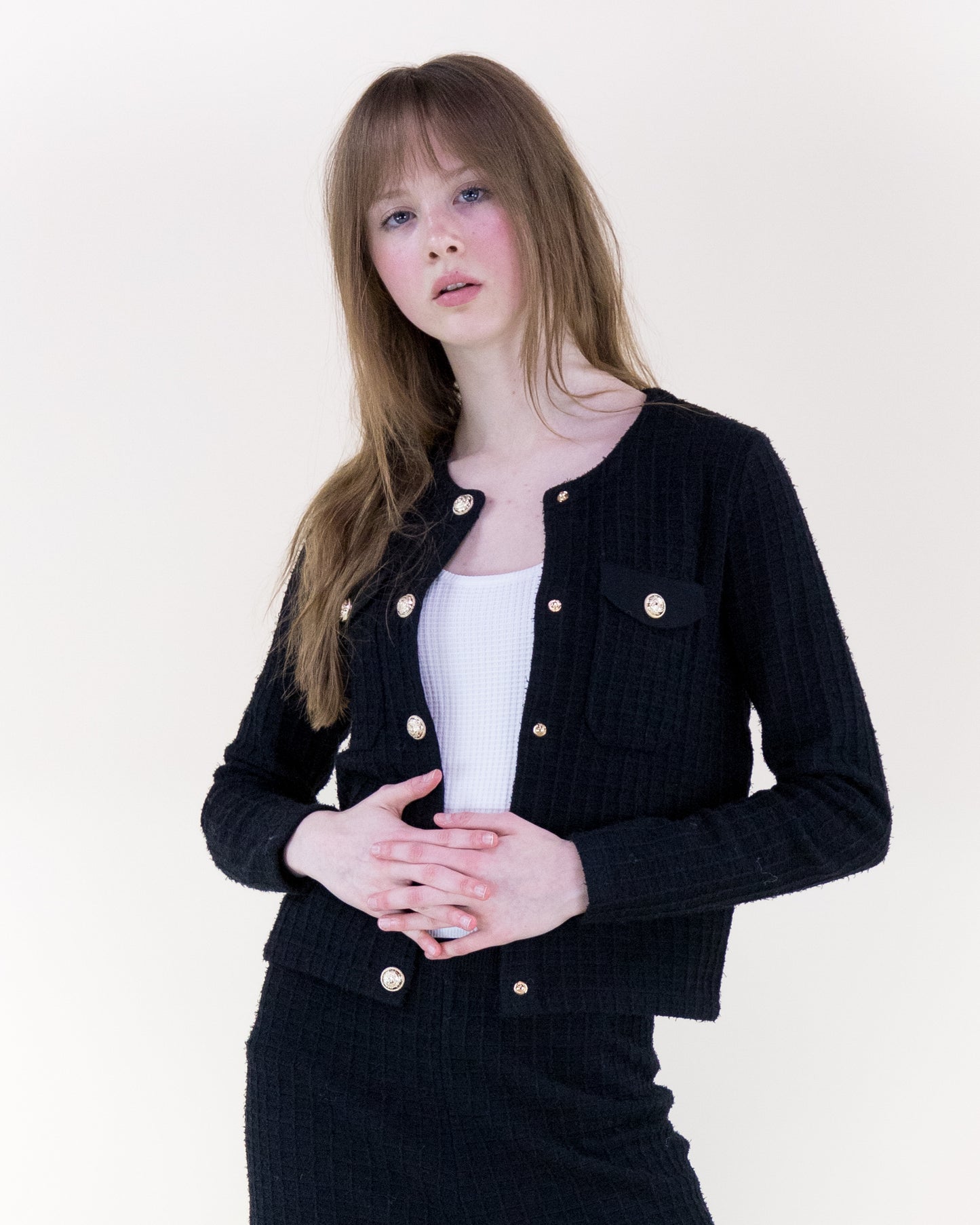 Tailored Waffle Stitch Gold Buttons Boxy Cardigan