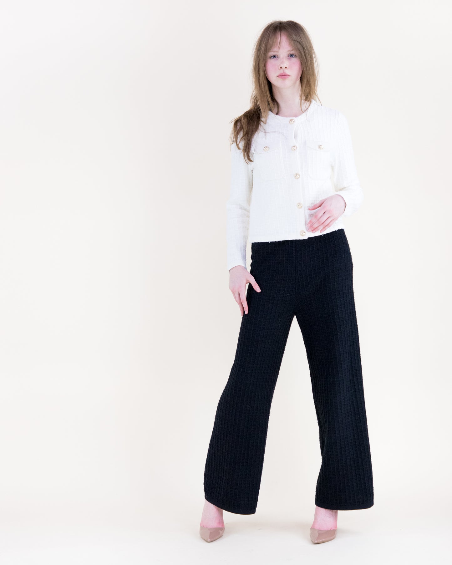 Tailored Waffle Stitch Gold Buttons Boxy Cardigan