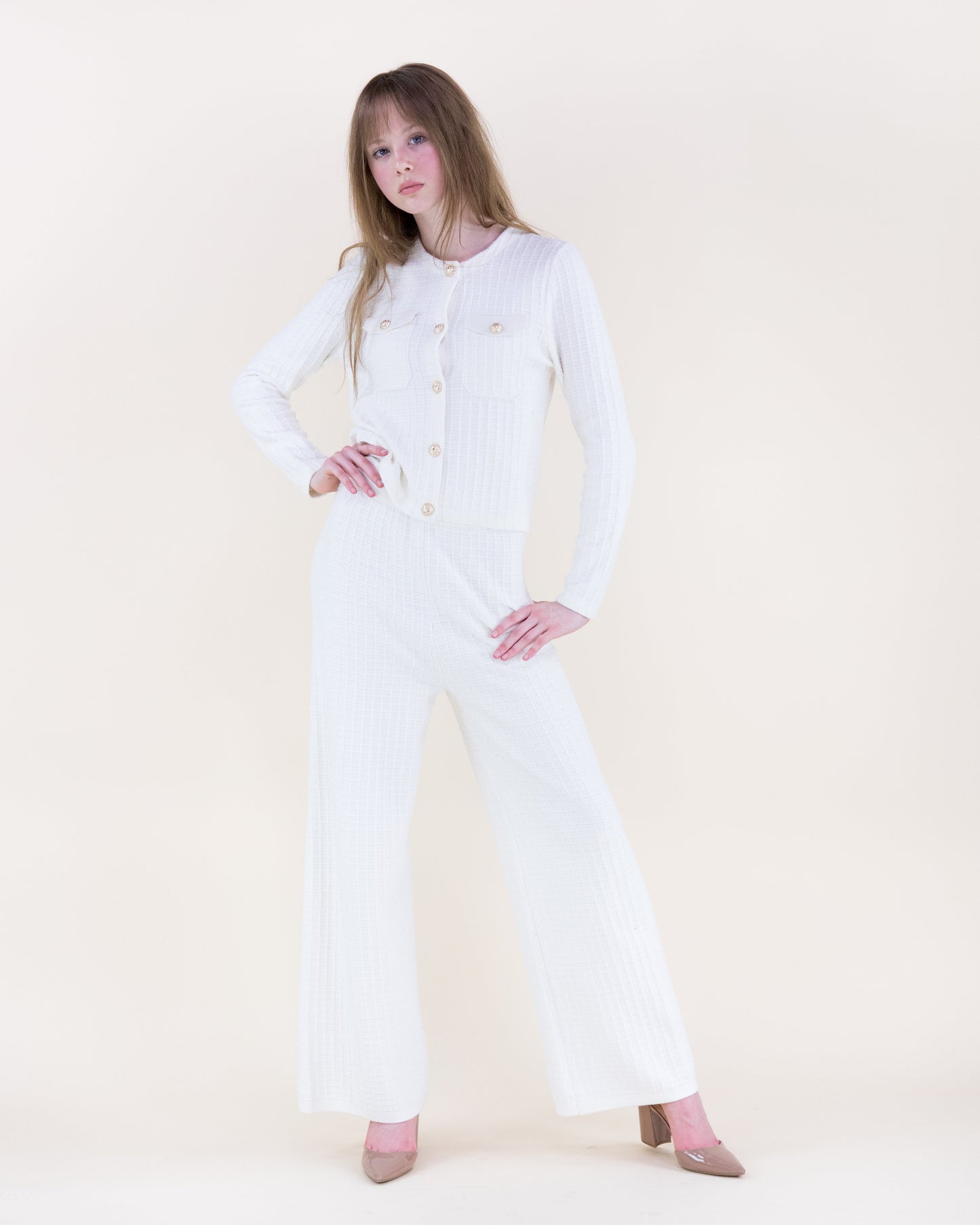 Tailored Waffle Stitch Wide Leg Knitted Pants - S/M. L/XL