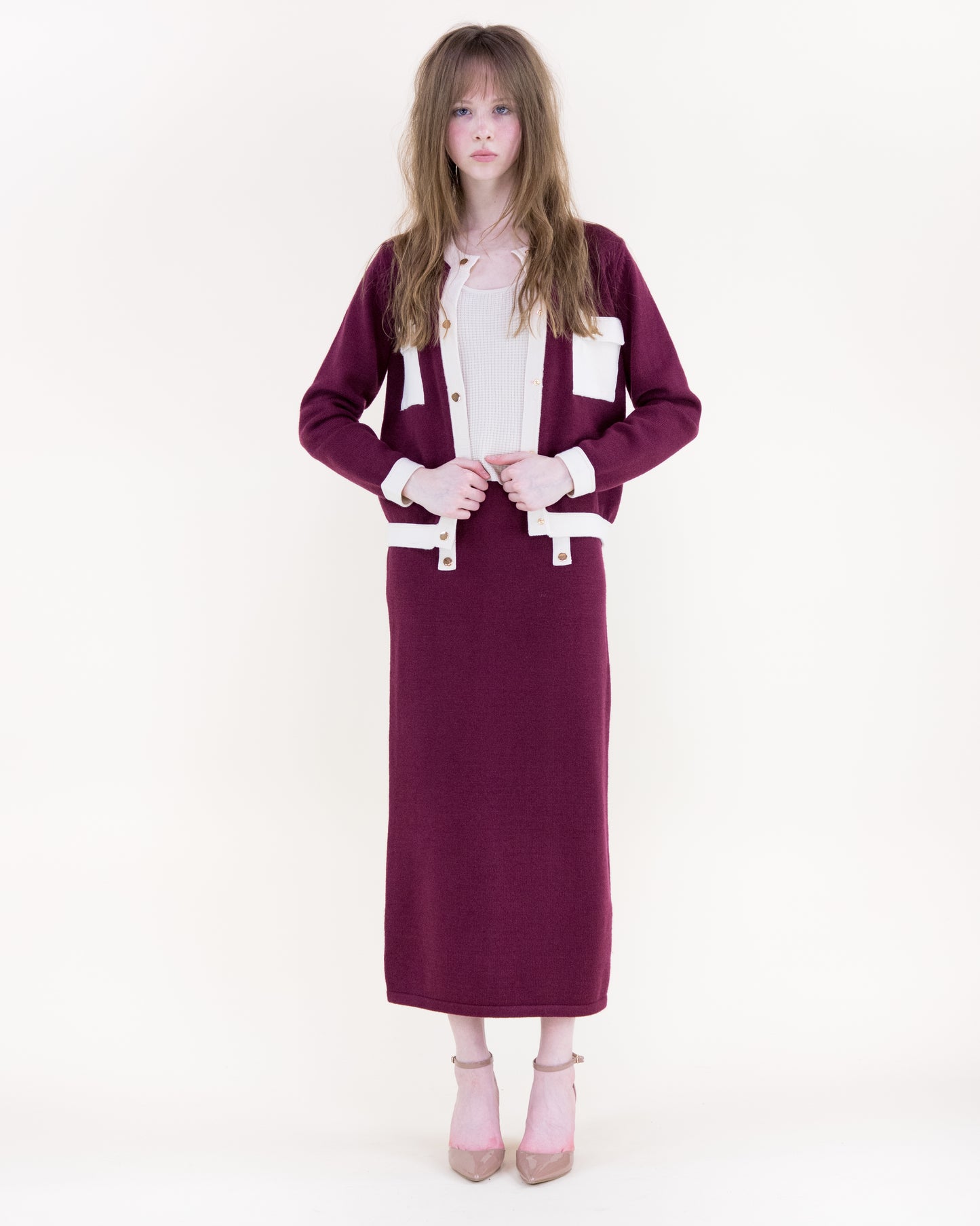 Color Blocked Front Pockets Boxy Cardigan with Matching Knitted Midi Pencil Skirt 2pcs Set