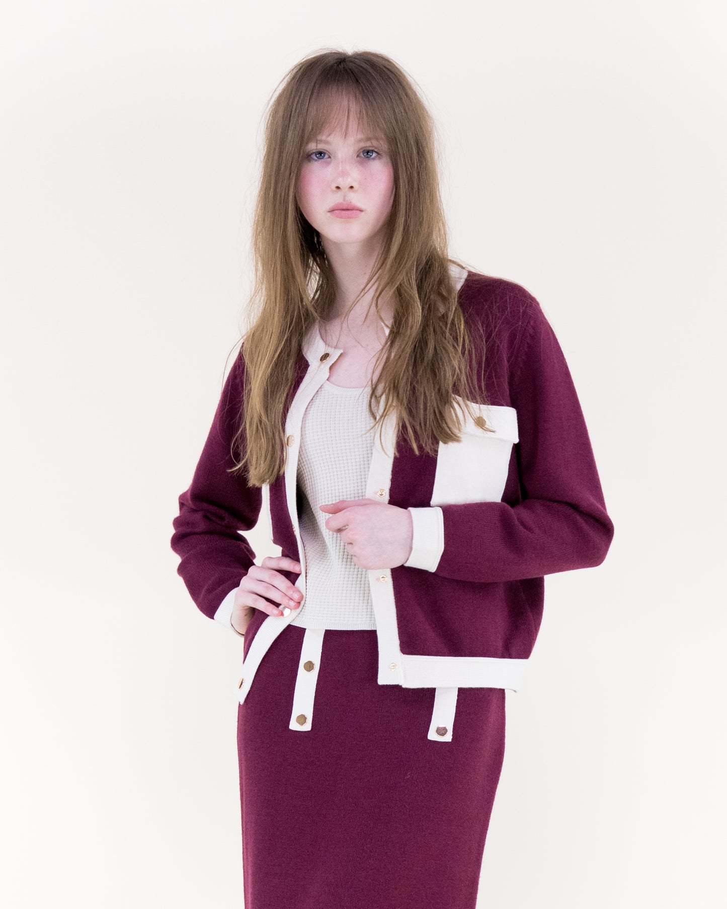 Color Blocked Front Pockets Boxy Cardigan with Matching Knitted Midi Pencil Skirt 2pcs Set