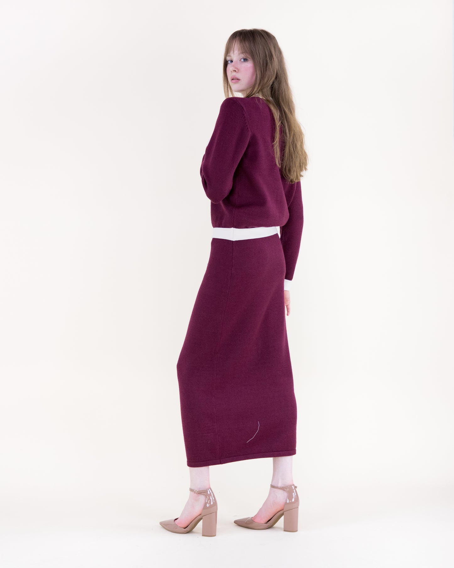 Color Blocked Front Pockets Boxy Cardigan with Matching Knitted Midi Pencil Skirt 2pcs Set