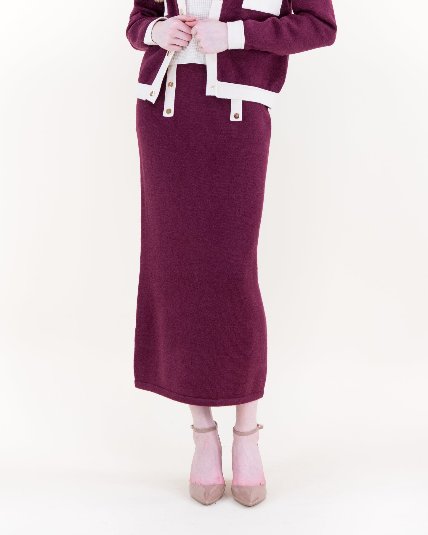 Color Blocked Front Pockets Boxy Cardigan with Matching Knitted Midi Pencil Skirt 2pcs Set