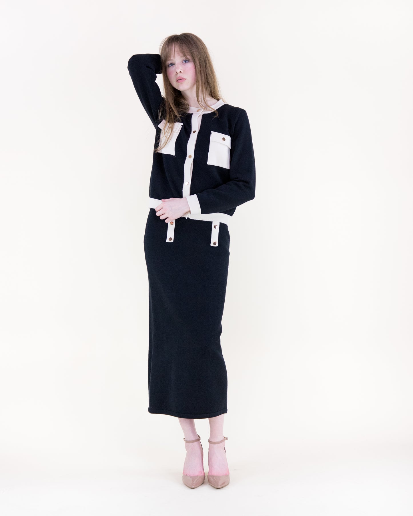 Color Blocked Front Pockets Boxy Cardigan with Matching Knitted Midi Pencil Skirt 2pcs Set