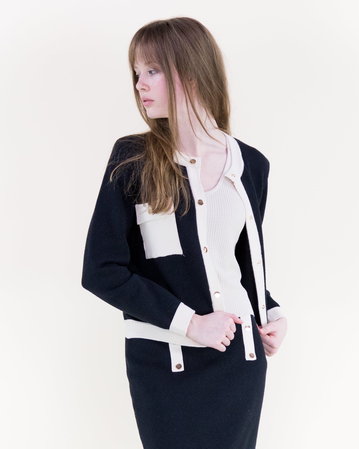 Color Blocked Front Pockets Boxy Cardigan with Matching Knitted Midi Pencil Skirt 2pcs Set