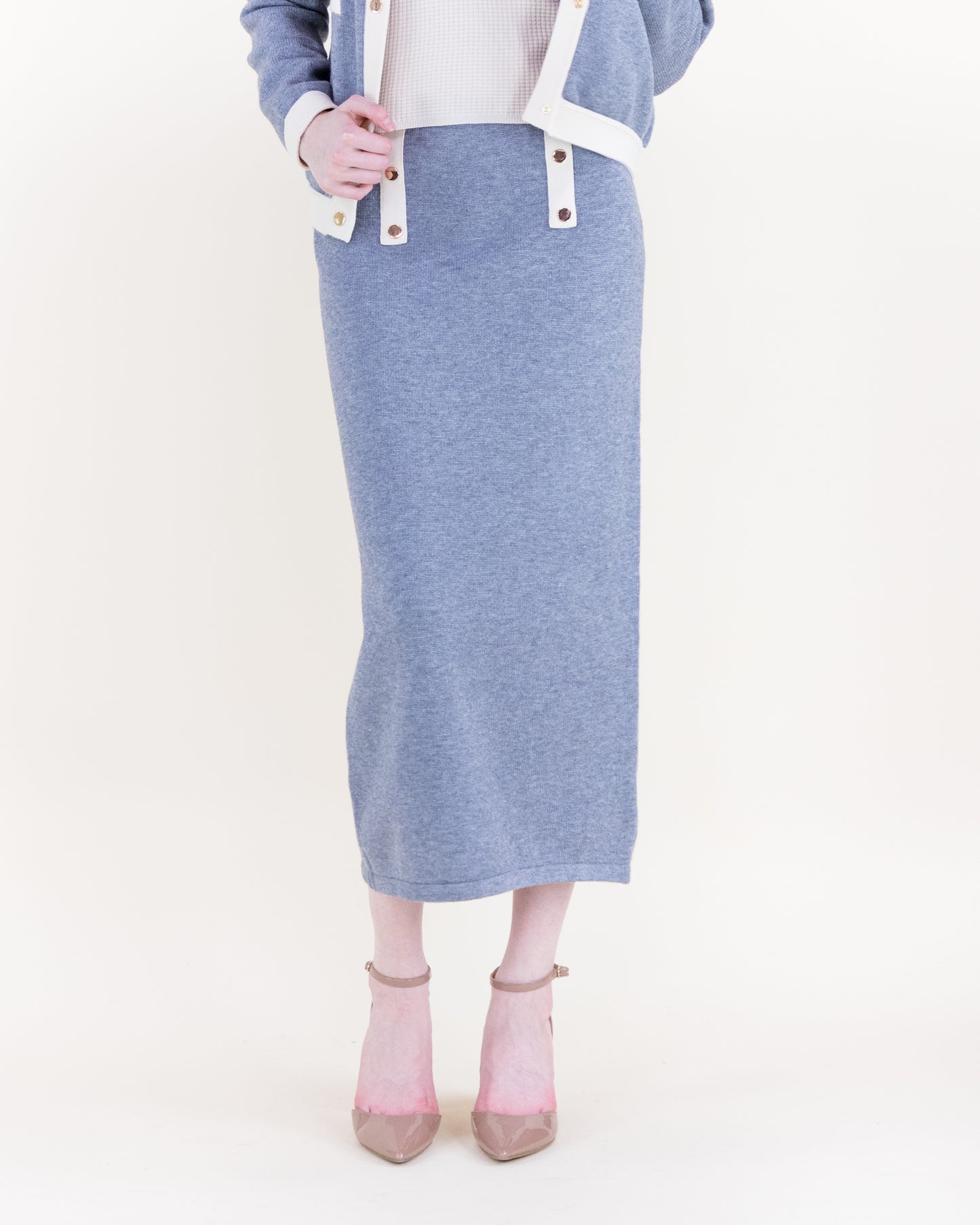 Color Blocked Front Pockets Boxy Cardigan with Matching Knitted Midi Pencil Skirt 2pcs Set