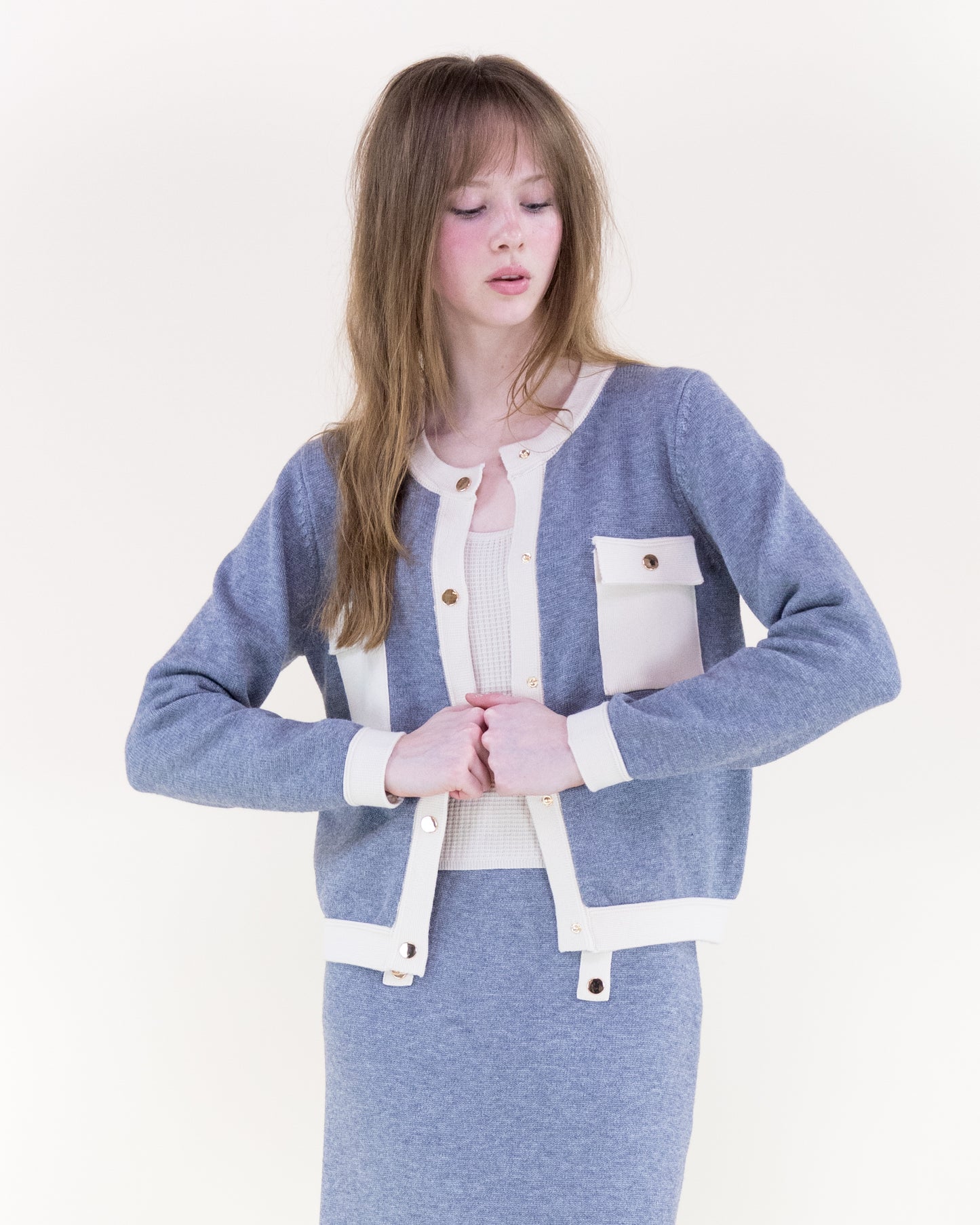 Color Blocked Front Pockets Boxy Cardigan with Matching Knitted Midi Pencil Skirt 2pcs Set