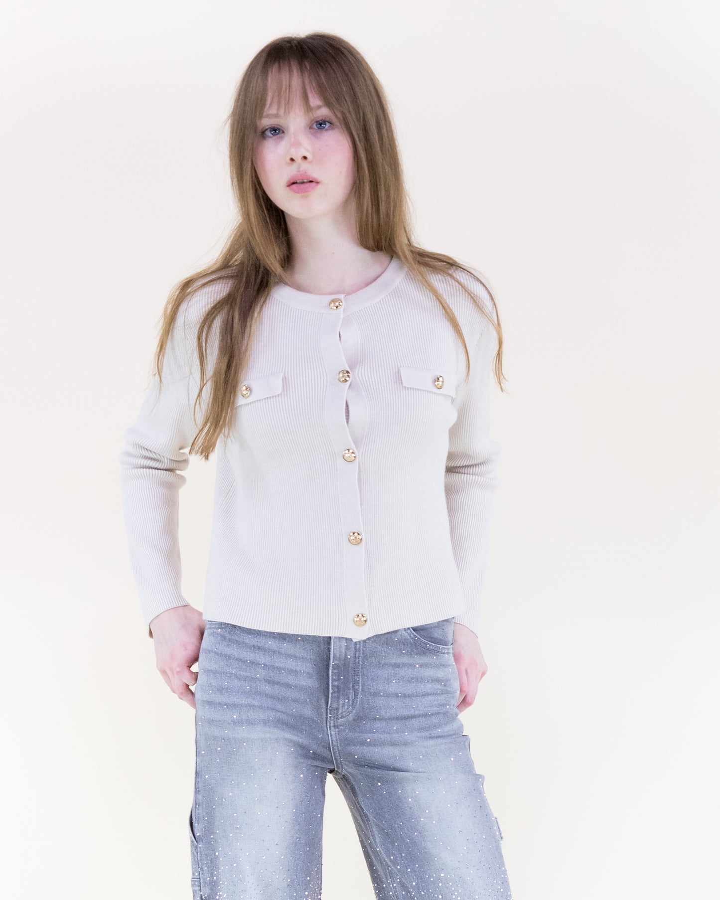 Ribbed Patch Pockets Boxy Cardigan & Ribbed Faux Buttons Knitted Midi Skirt 2pcs Set