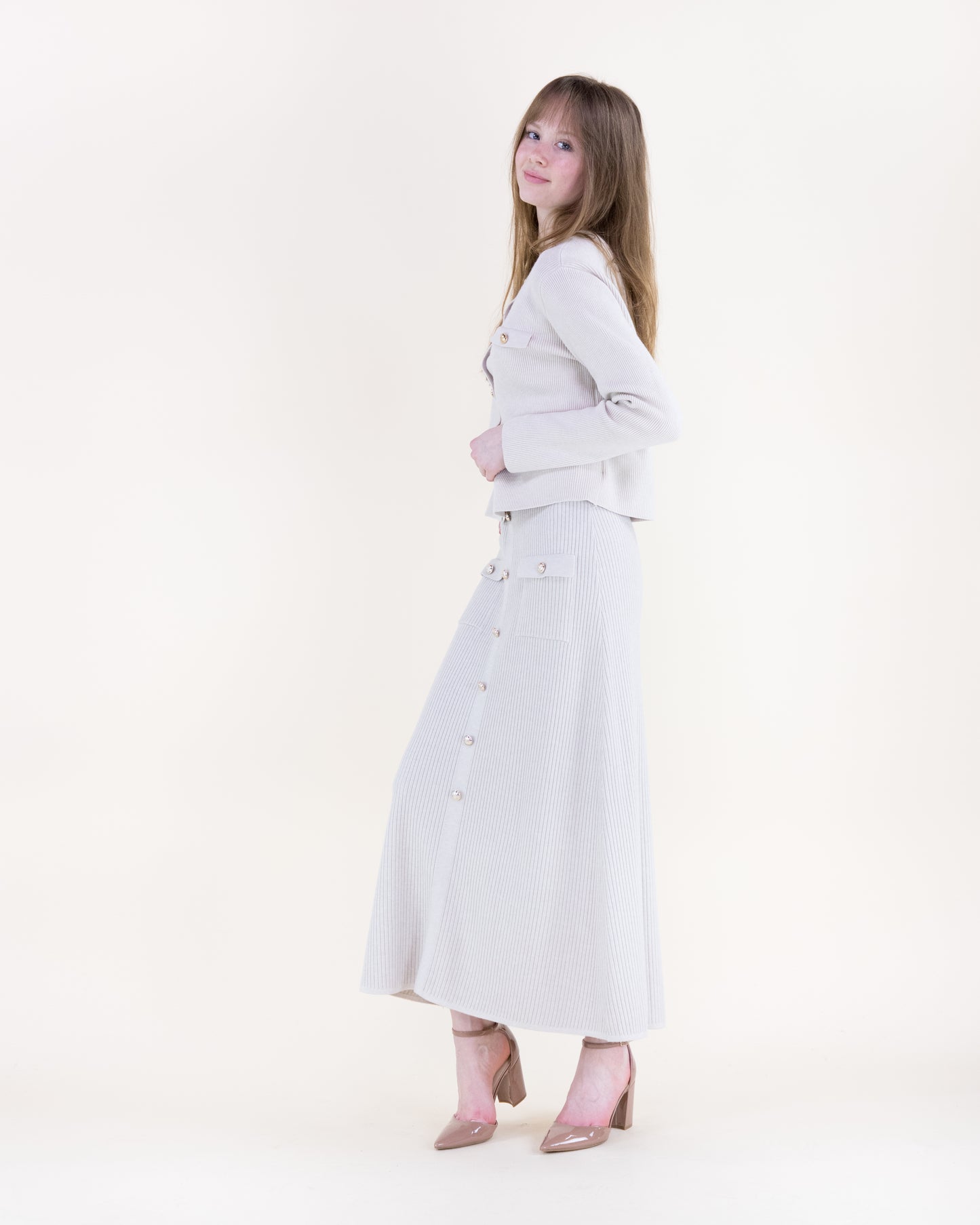 Ribbed Patch Pockets Boxy Cardigan & Ribbed Faux Buttons Knitted Midi Skirt 2pcs Set