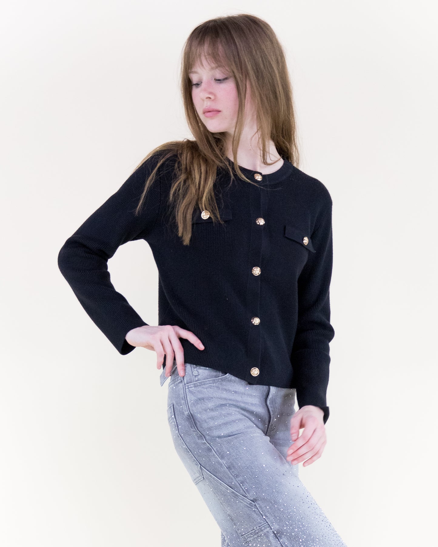 Ribbed Patch Pockets Boxy Cardigan & Ribbed Faux Buttons Knitted Midi Skirt 2pcs Set