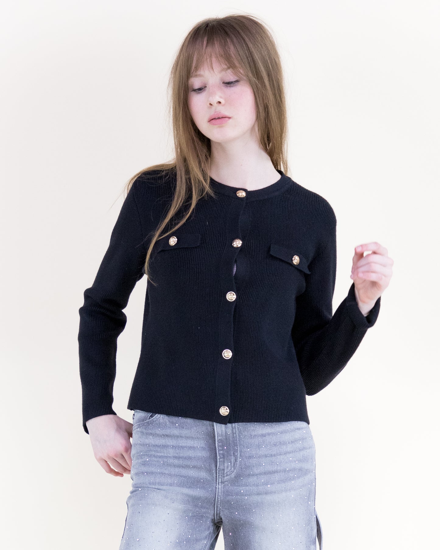 Ribbed Patch Pockets Boxy Cardigan & Ribbed Faux Buttons Knitted Midi Skirt 2pcs Set